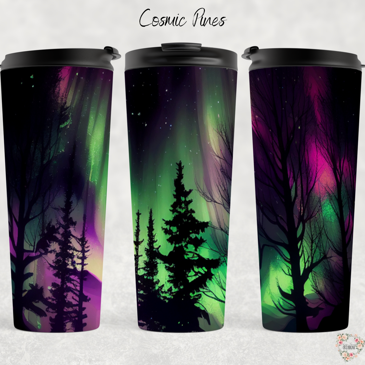 Northern Lights Cosmic Pines tumbler with aurora borealis and pine forest design – celestial drinkware available as coffee mug, water bottle, or handle tumbler