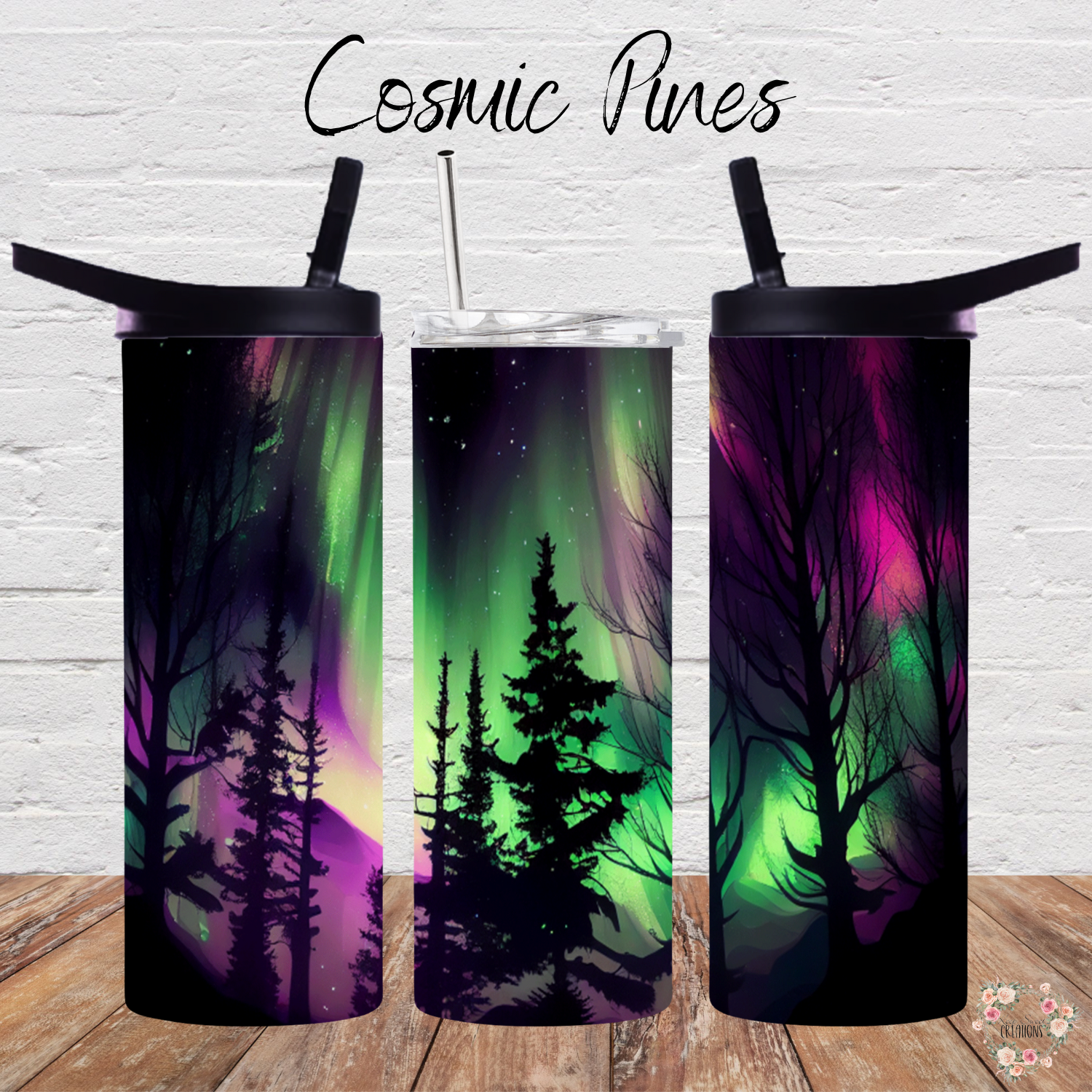 Northern Lights Cosmic Pines tumbler with aurora borealis and pine forest design – celestial drinkware available as coffee mug, water bottle, or handle tumbler