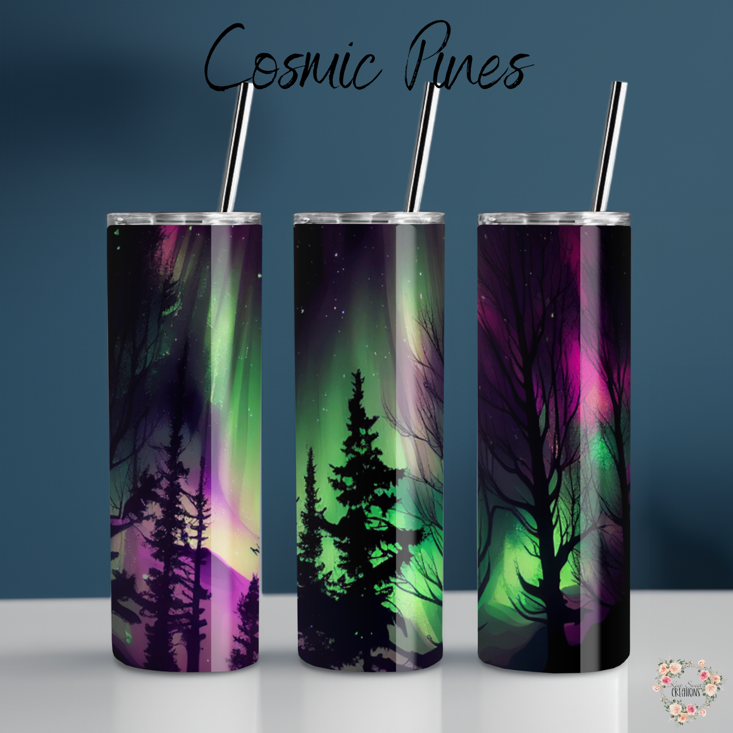 Northern Lights Cosmic Pines tumbler with aurora borealis and pine forest design – celestial drinkware available as coffee mug, water bottle, or handle tumbler