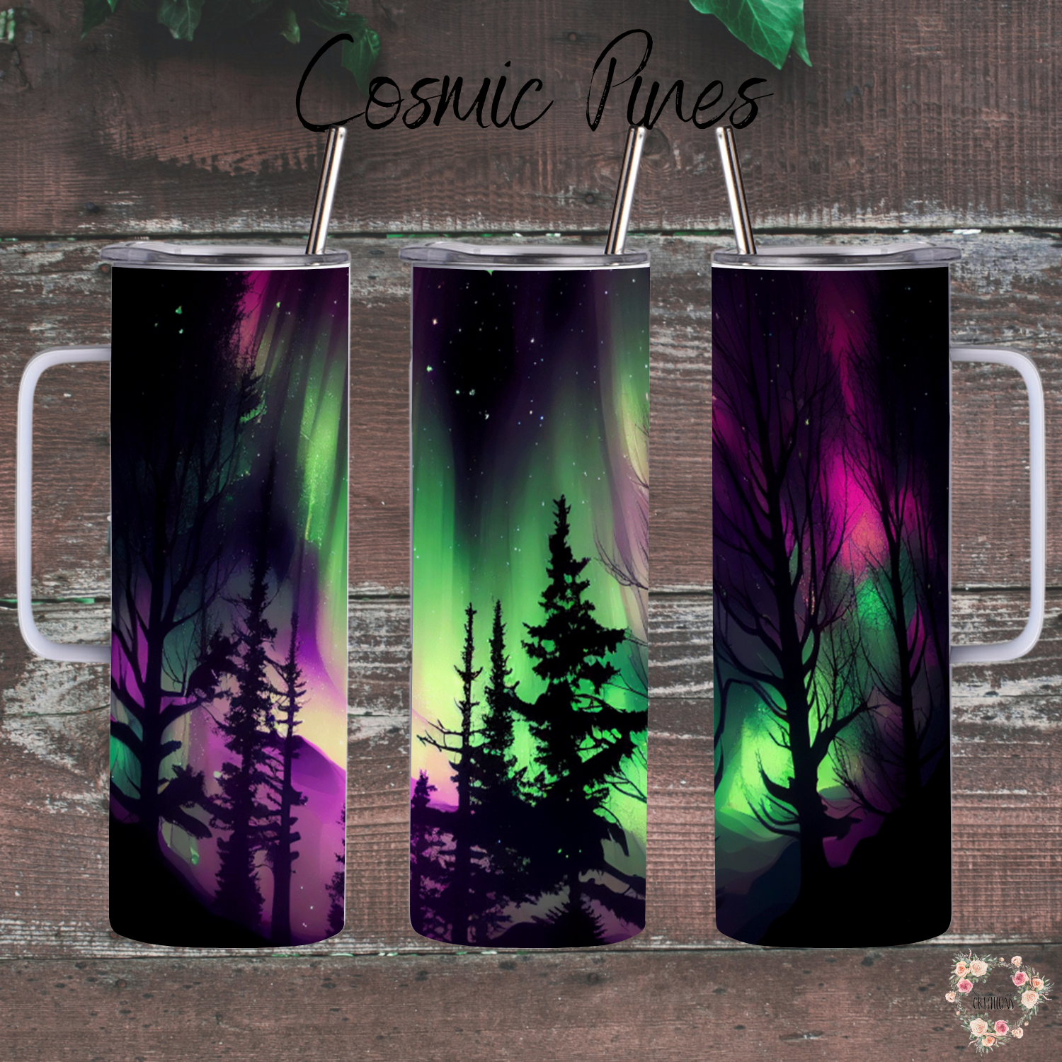 Northern Lights Cosmic Pines tumbler with aurora borealis and pine forest design – celestial drinkware available as coffee mug, water bottle, or handle tumbler