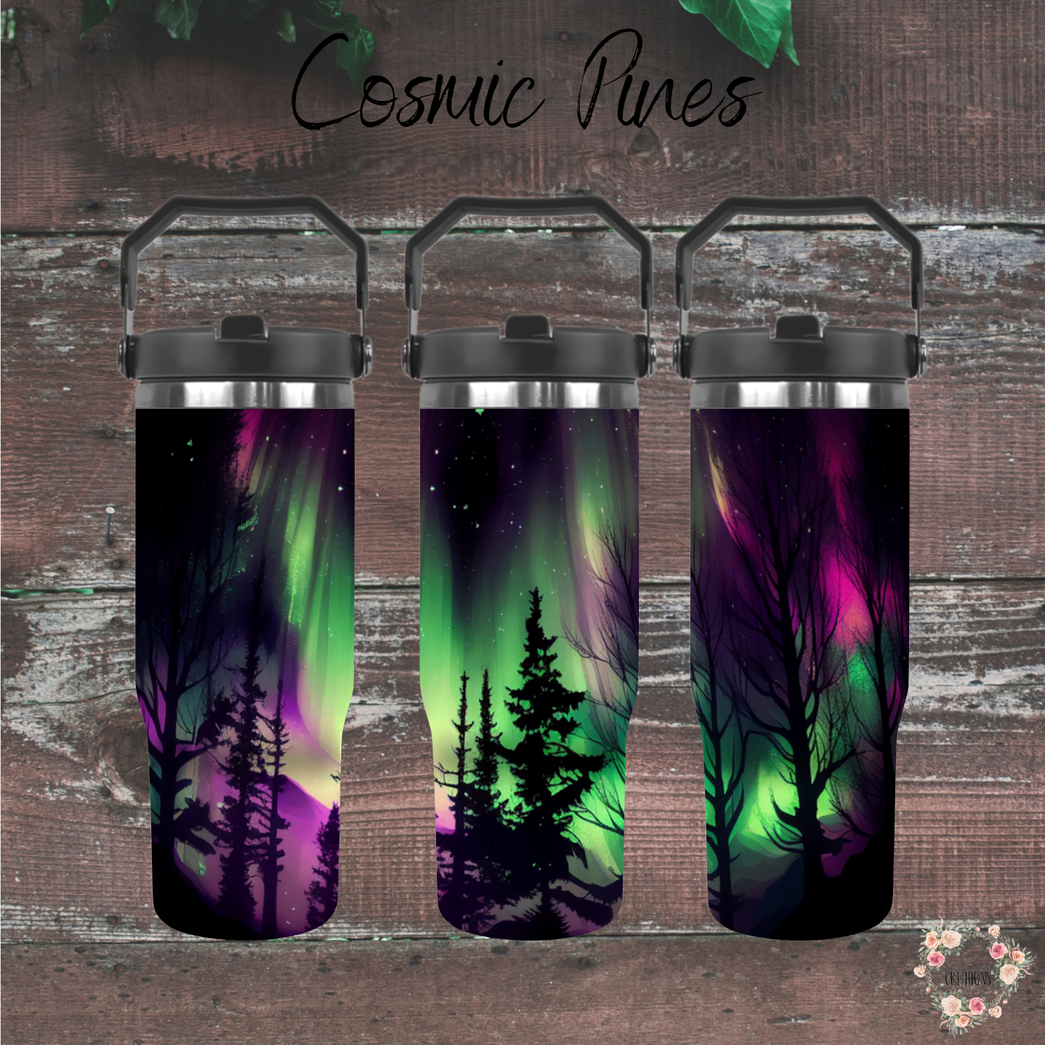 Northern Lights Cosmic Pines tumbler with aurora borealis and pine forest design – celestial drinkware available as coffee mug, water bottle, or handle tumbler