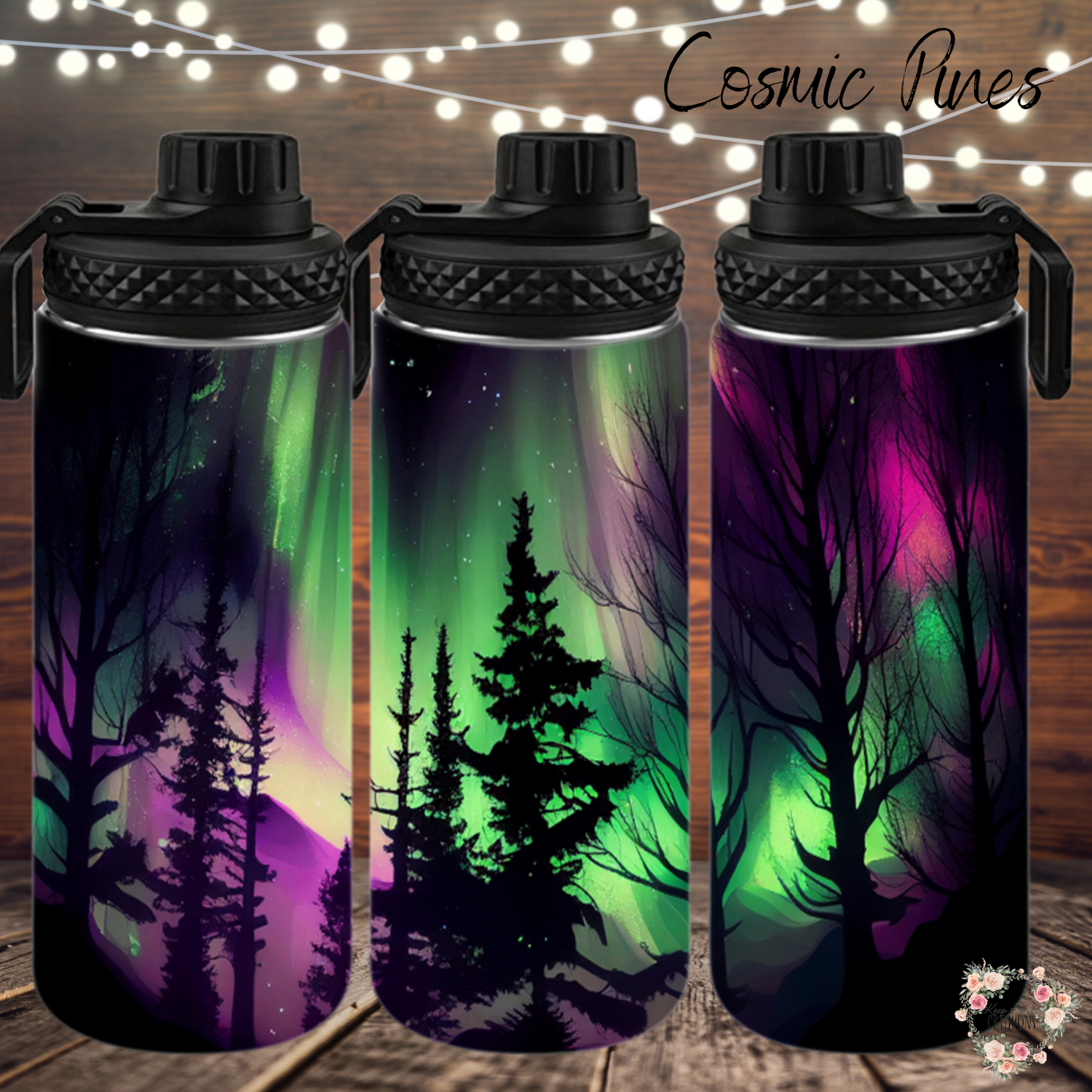 Northern Lights Cosmic Pines tumbler with aurora borealis and pine forest design – celestial drinkware available as coffee mug, water bottle, or handle tumbler