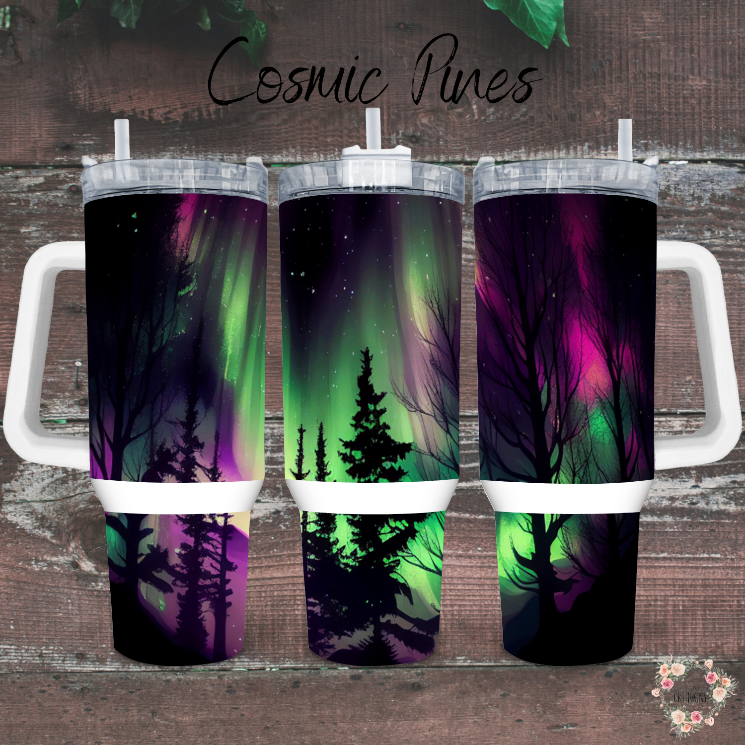 Northern Lights Cosmic Pines tumbler with aurora borealis and pine forest design – celestial drinkware available as coffee mug, water bottle, or handle tumbler