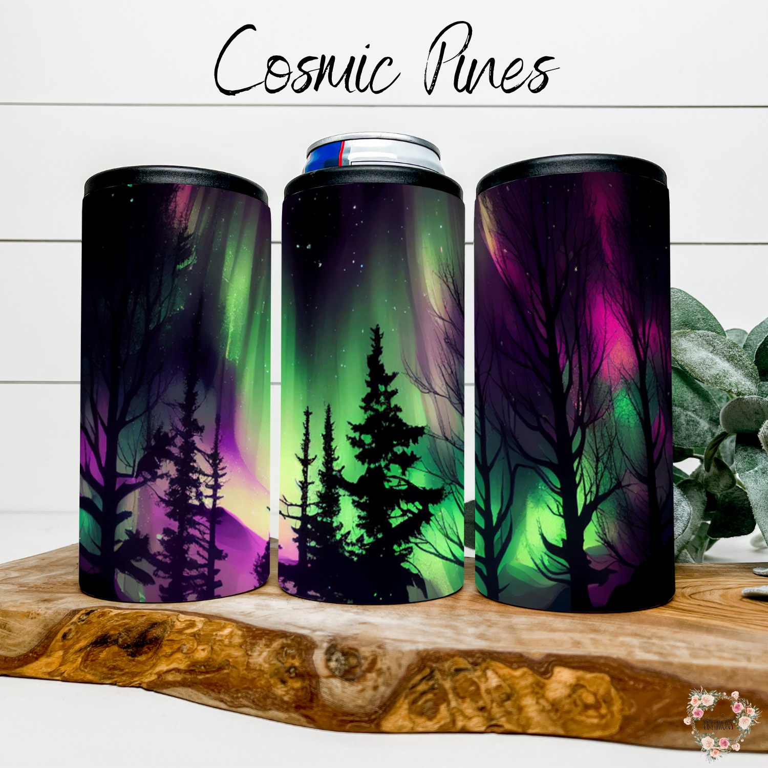 Northern Lights Cosmic Pines tumbler with aurora borealis and pine forest design – celestial drinkware available as coffee mug, water bottle, or handle tumbler