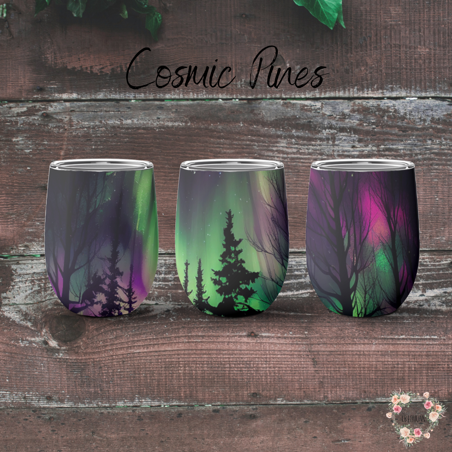 Northern Lights Cosmic Pines tumbler with aurora borealis and pine forest design – celestial drinkware available as coffee mug, water bottle, or handle tumbler