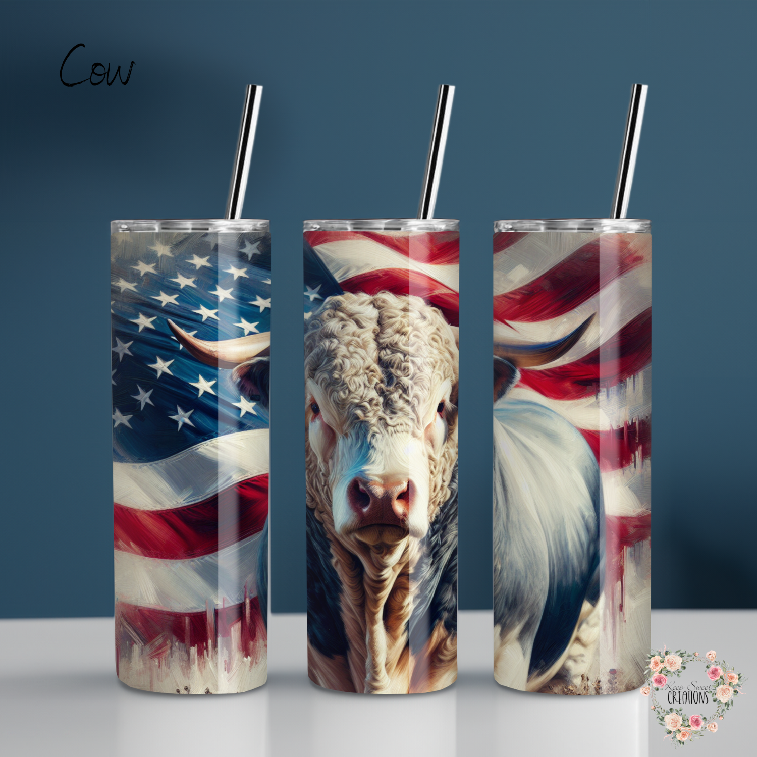Patriotic cow tumbler featuring a detailed cow portrait with an American flag background. Available in multiple tumbler styles, including stainless steel, straw tumblers, and sports bottles. Perfect for country and farm life enthusiasts.
