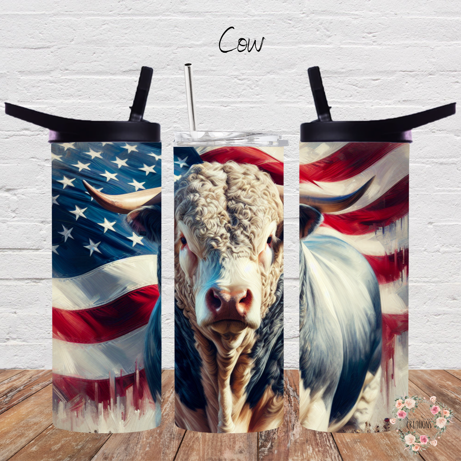 Patriotic cow tumbler featuring a detailed cow portrait with an American flag background. Available in multiple tumbler styles, including stainless steel, straw tumblers, and sports bottles. Perfect for country and farm life enthusiasts.