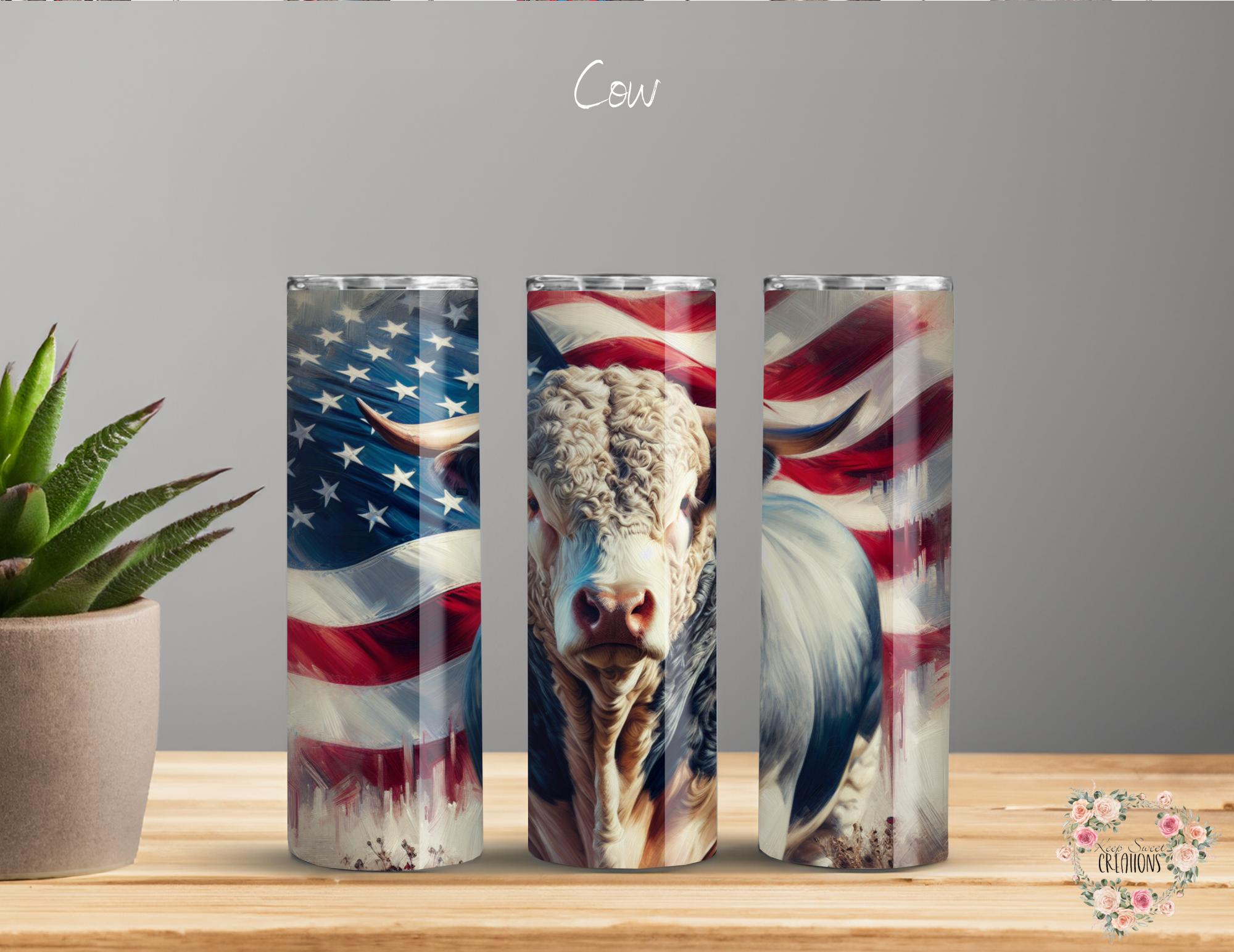 Patriotic cow tumbler featuring a detailed cow portrait with an American flag background. Available in multiple tumbler styles, including stainless steel, straw tumblers, and sports bottles. Perfect for country and farm life enthusiasts.