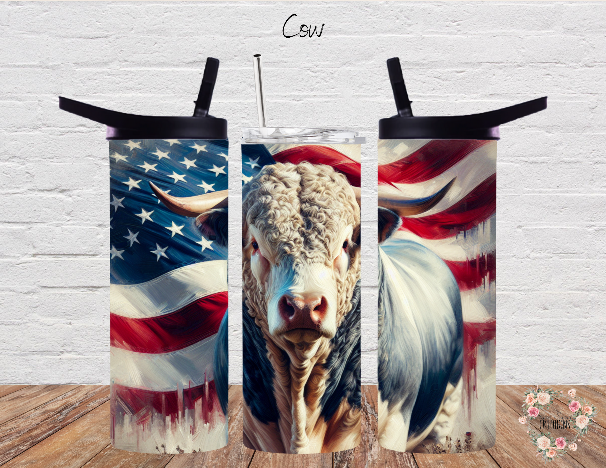 Patriotic cow tumbler featuring a detailed cow portrait with an American flag background. Available in multiple tumbler styles, including stainless steel, straw tumblers, and sports bottles. Perfect for country and farm life enthusiasts.