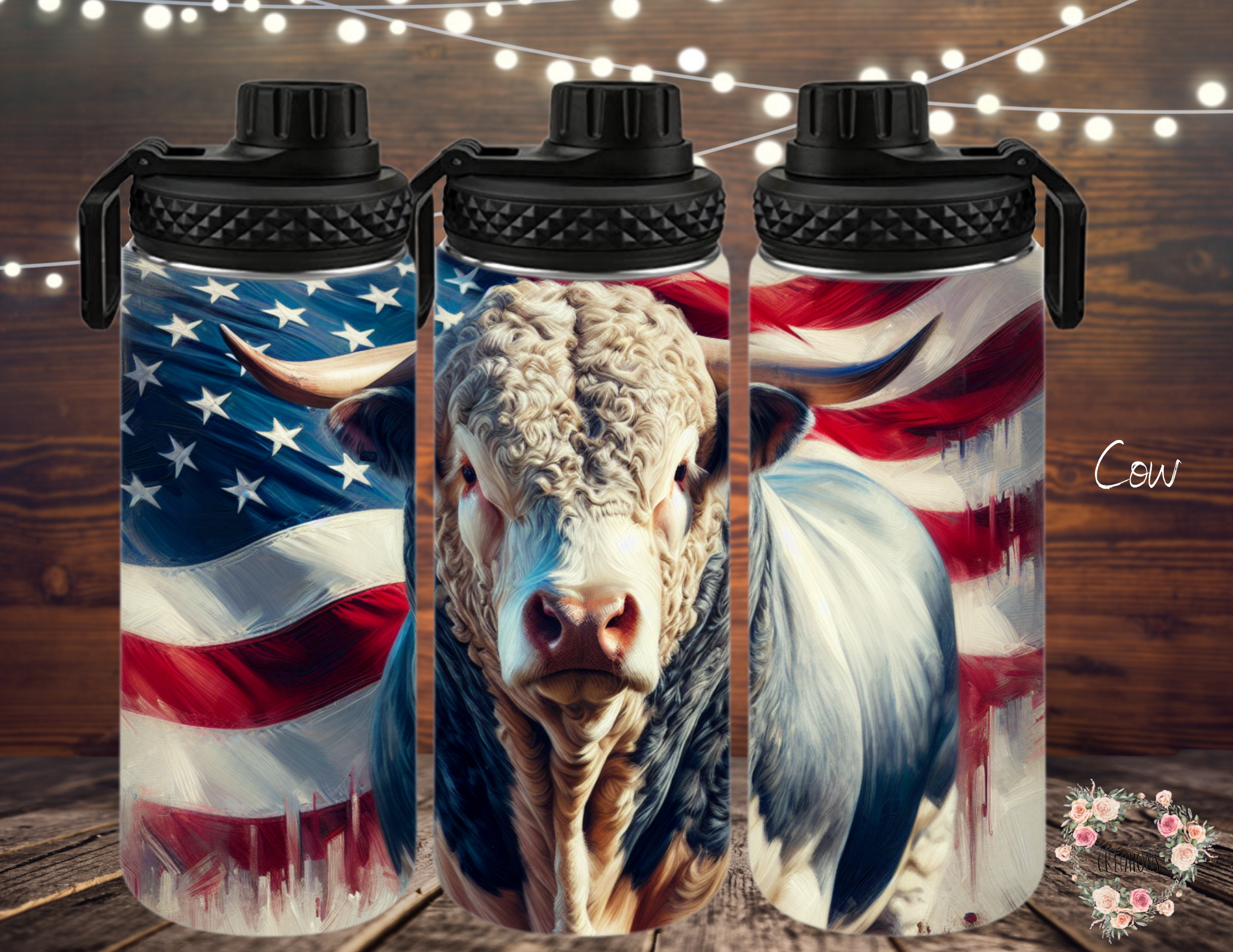 Patriotic cow tumbler featuring a detailed cow portrait with an American flag background. Available in multiple tumbler styles, including stainless steel, straw tumblers, and sports bottles. Perfect for country and farm life enthusiasts.