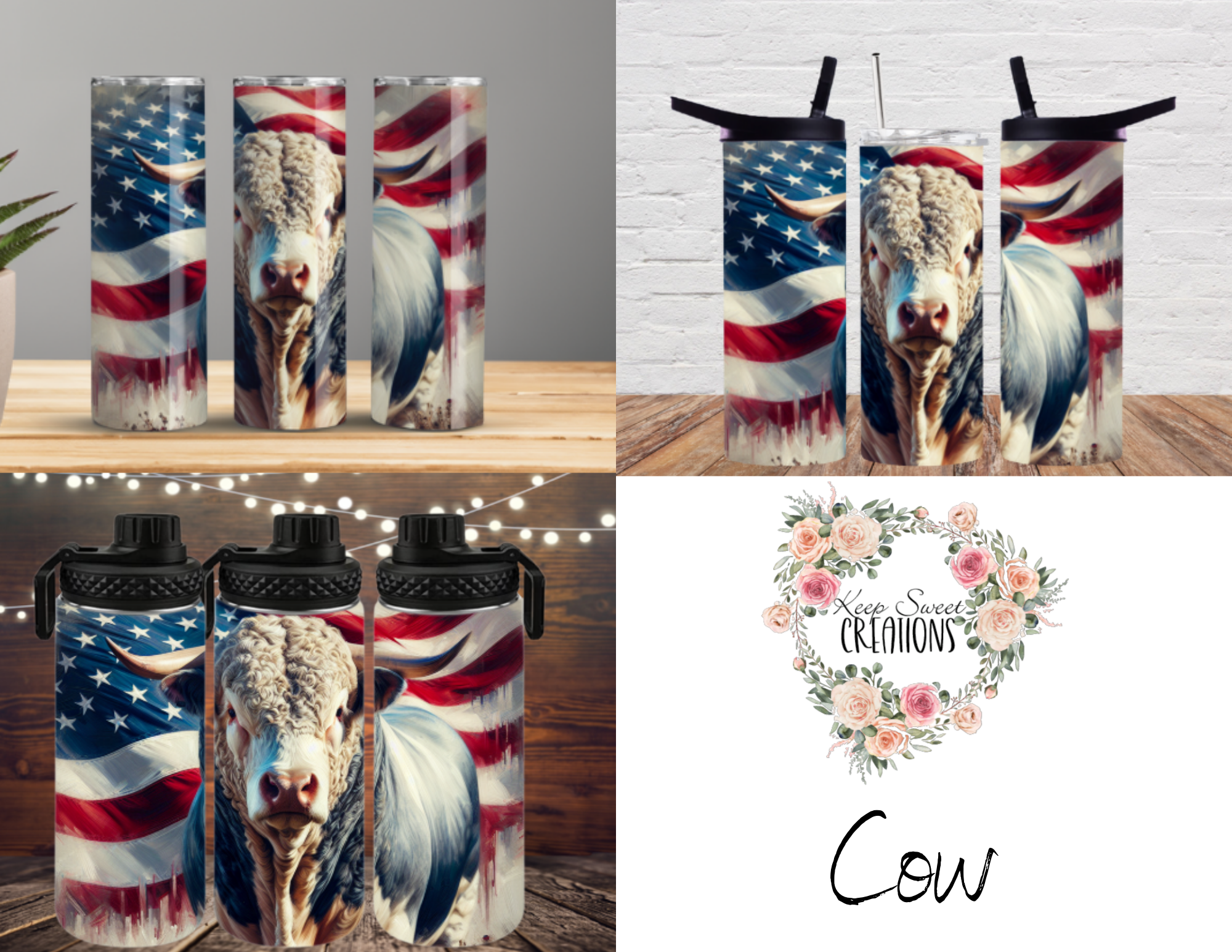 Patriotic cow tumbler featuring a detailed cow portrait with an American flag background. Available in multiple tumbler styles, including stainless steel, straw tumblers, and sports bottles. Perfect for country and farm life enthusiasts.