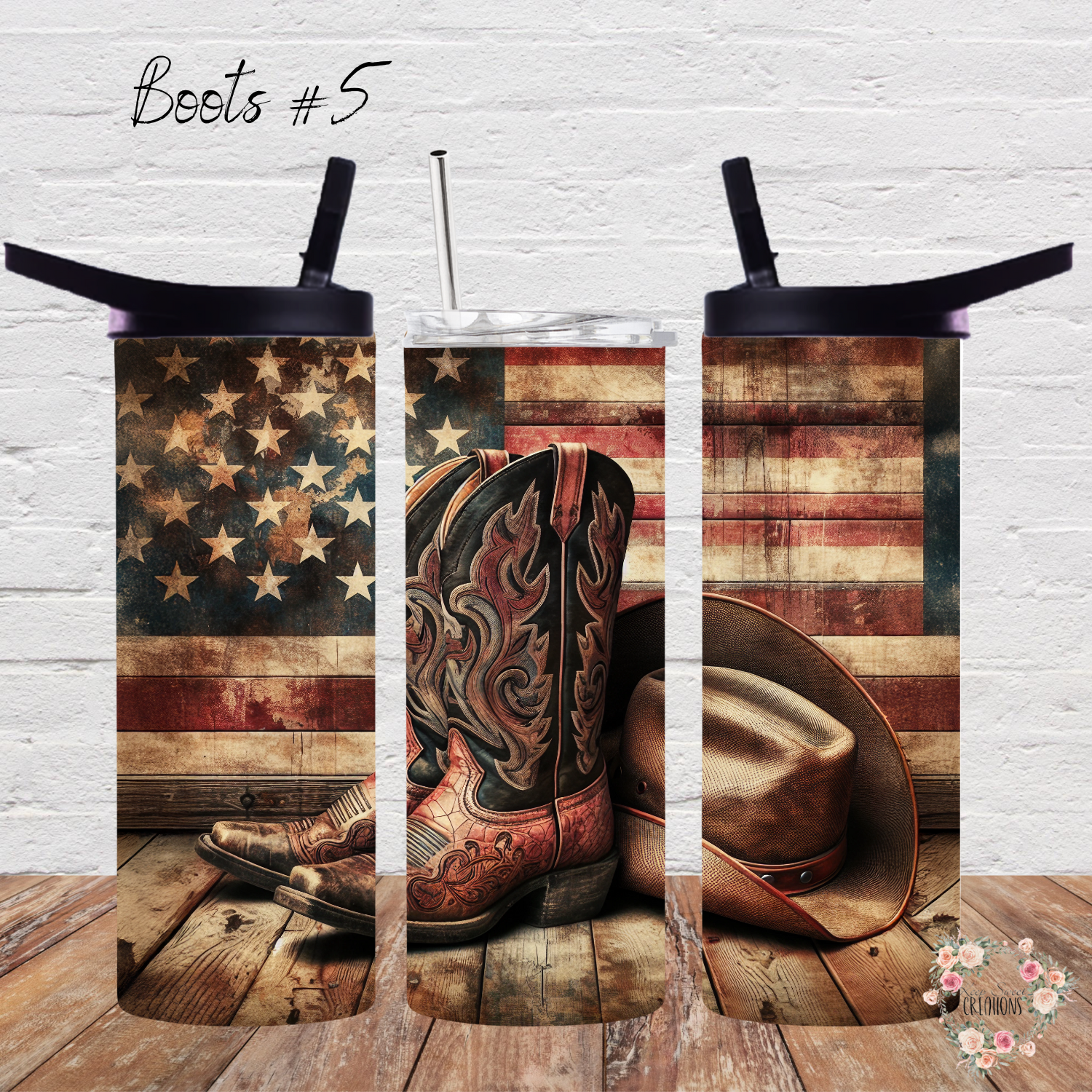Patriotic Cowboy Boot Tumbler – Rustic Hat & Distressed Flag Design (Cowboy Boots #5)
