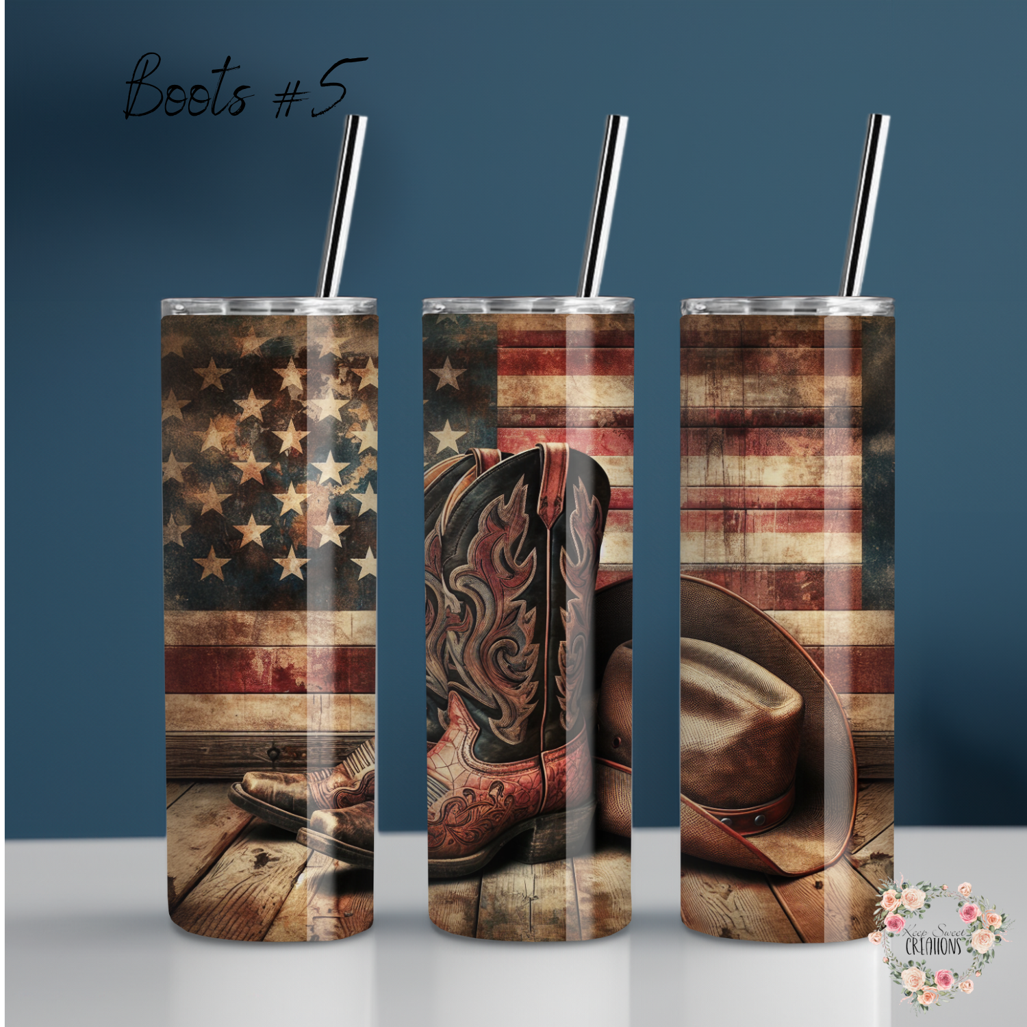 Patriotic Cowboy Boot Tumbler – Rustic Hat & Distressed Flag Design (Cowboy Boots #5)
