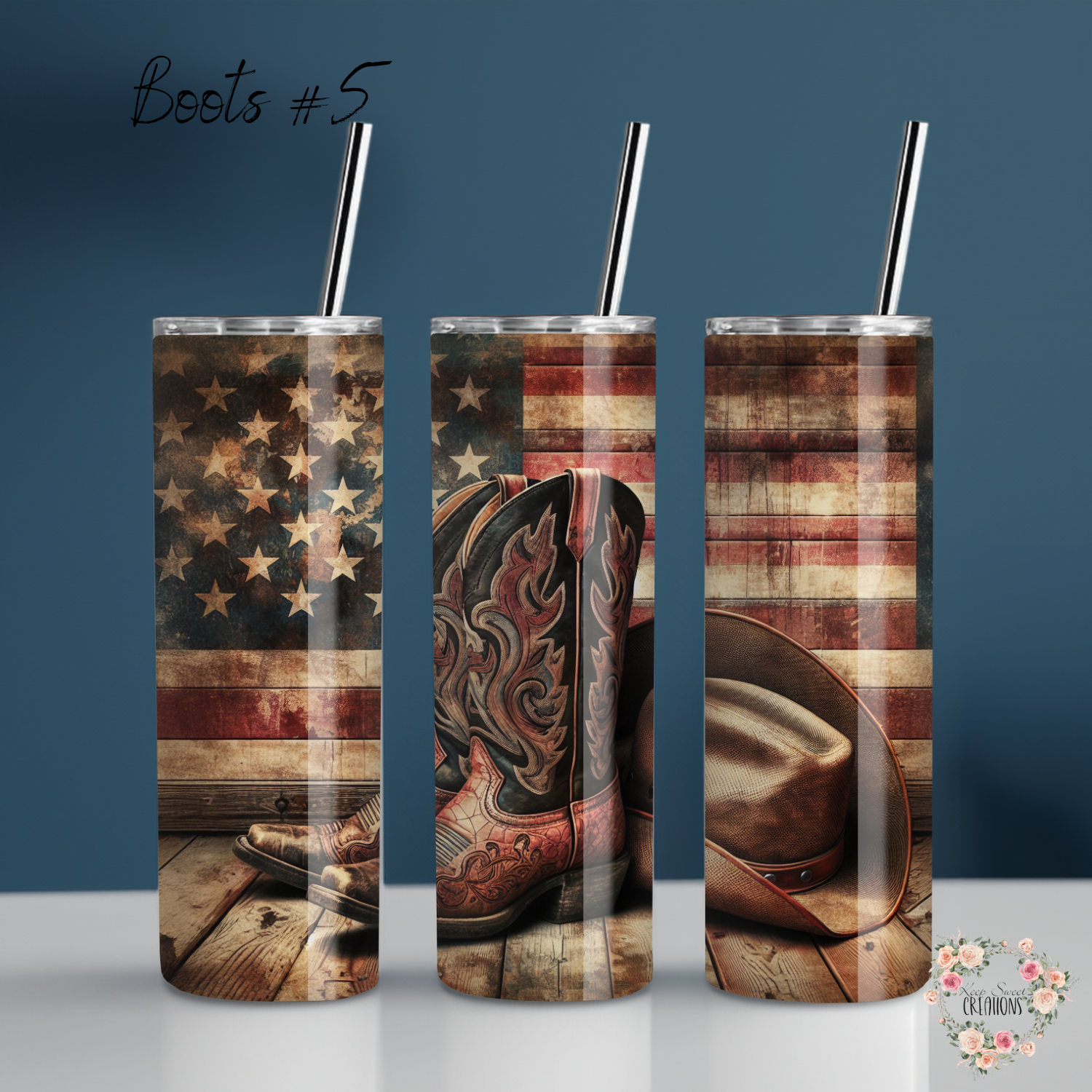 Patriotic Cowboy Boot Tumbler – Rustic Hat & Distressed Flag Design (Cowboy Boots #5)