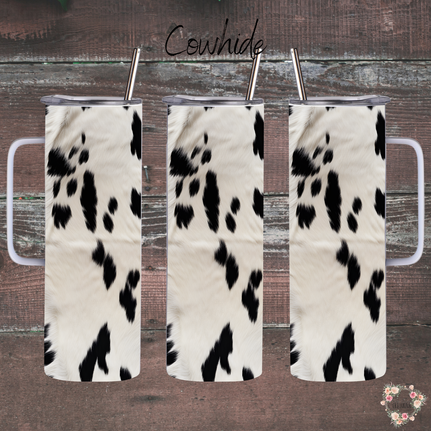 Cowhide handle tumbler – black & white rustic design