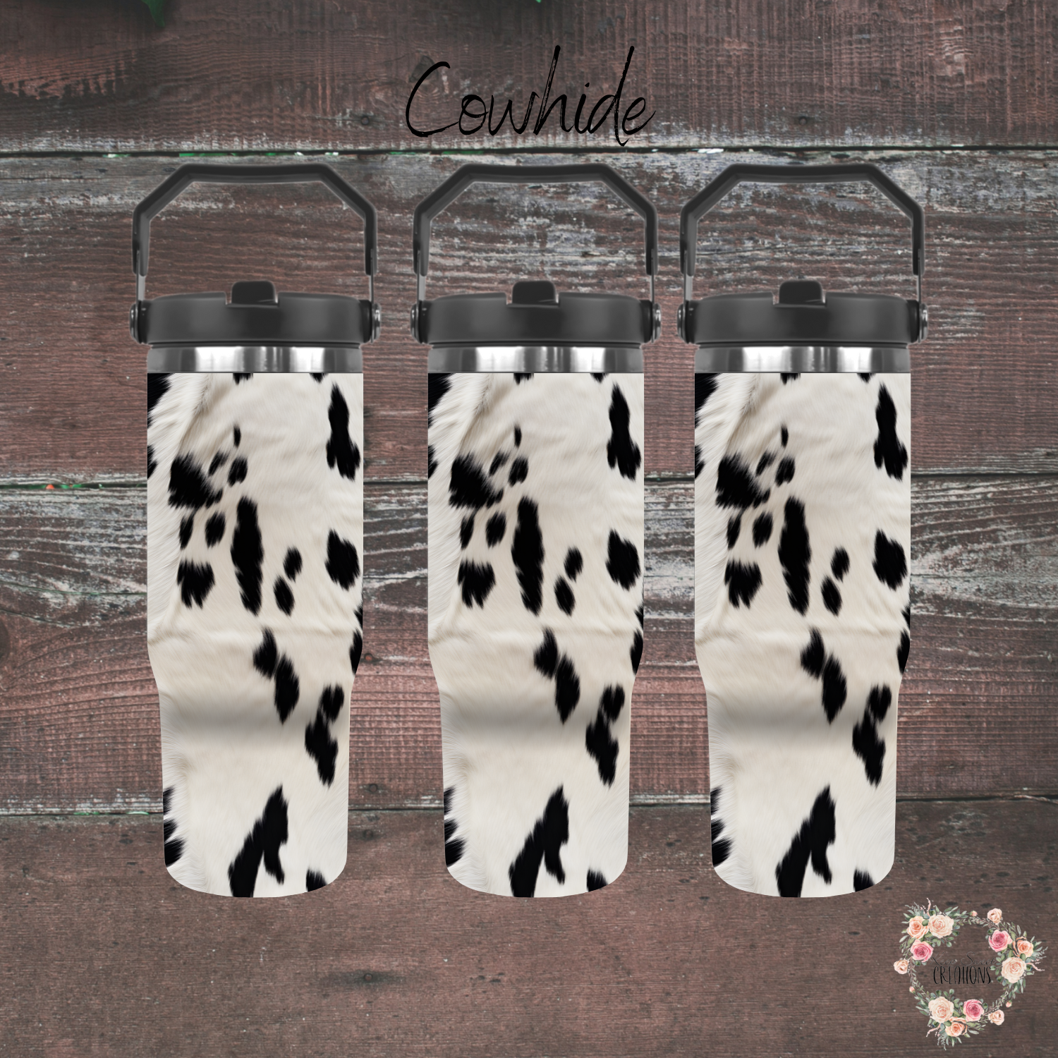 Cowhide handle tumbler – black & white rustic design