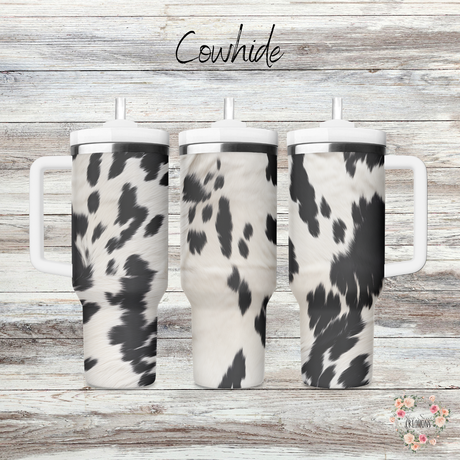 Cowhide handle tumbler – black & white rustic design