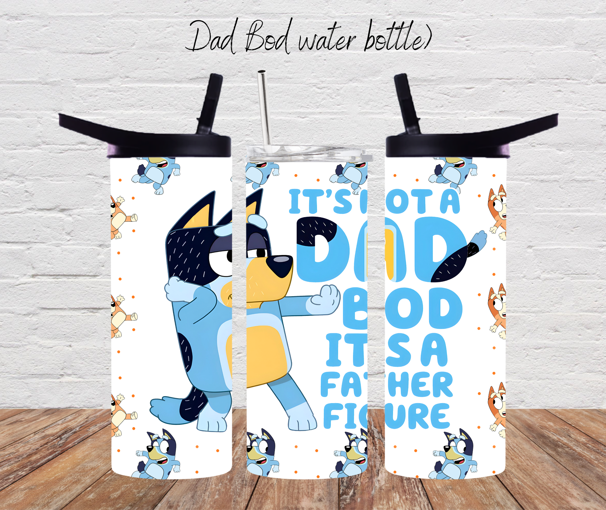 Funny 20 oz skinny tumbler with ‘Dad Bod – It’s Not a Flaw, It’s a Father Figure’ text and cartoon dad graphics – novelty gift for dads