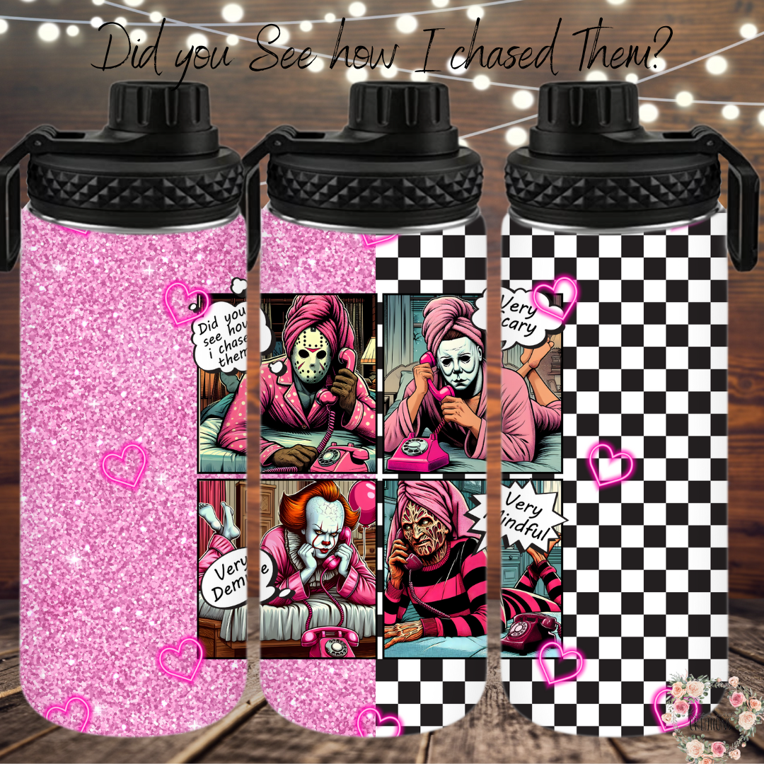 “Did You See How I Chased Them?” Horror Glam Tumbler – Creepy Cute Drinkware