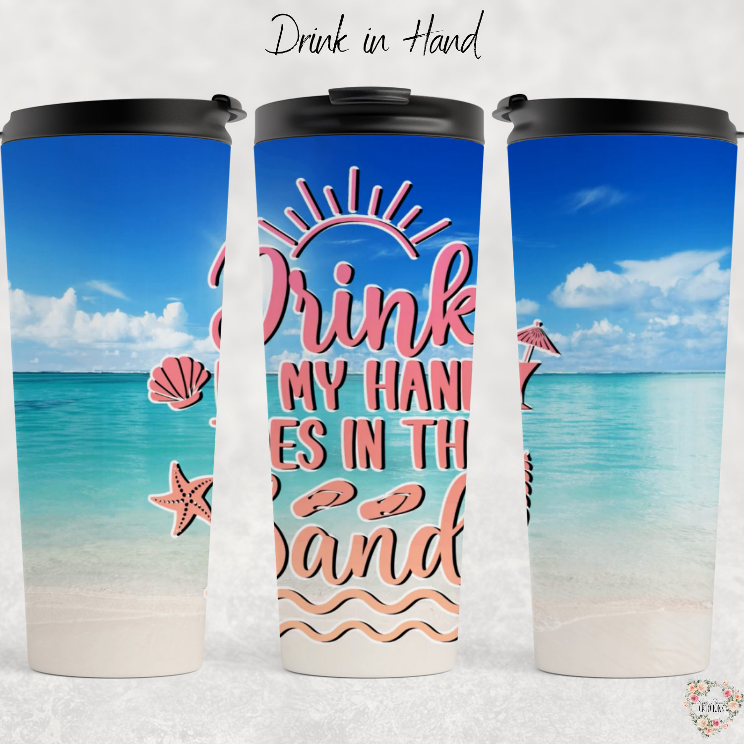 Drink in Hand Ocean Beach Travel Mug – 14 oz Stainless Steel Coffee Mug for On-the-Go Sipping