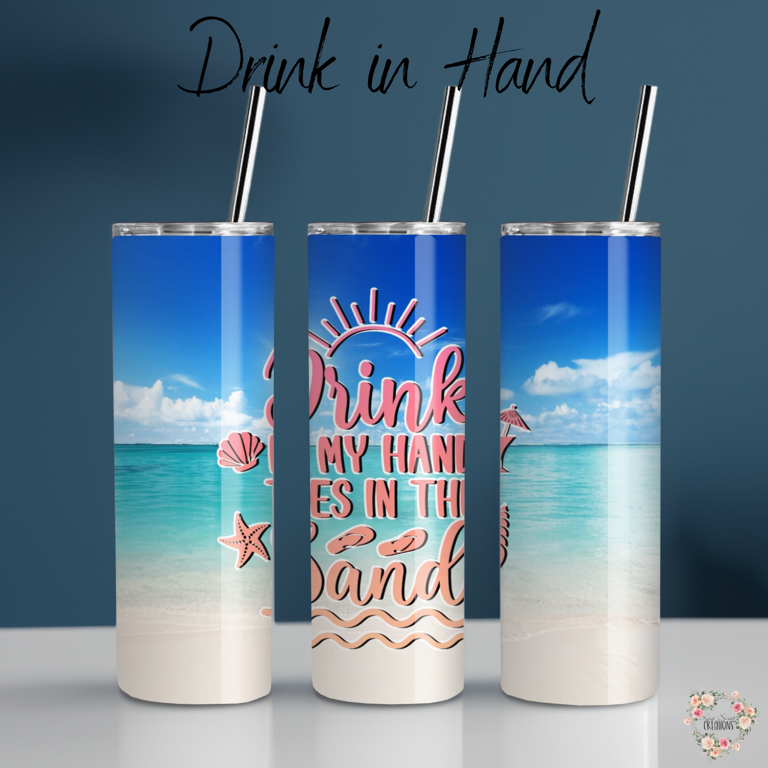 Drink in Hand Ocean Beach Tumbler – 20 oz Stainless Steel Cup with Lid & Straw – Coastal Blue and Sand Design