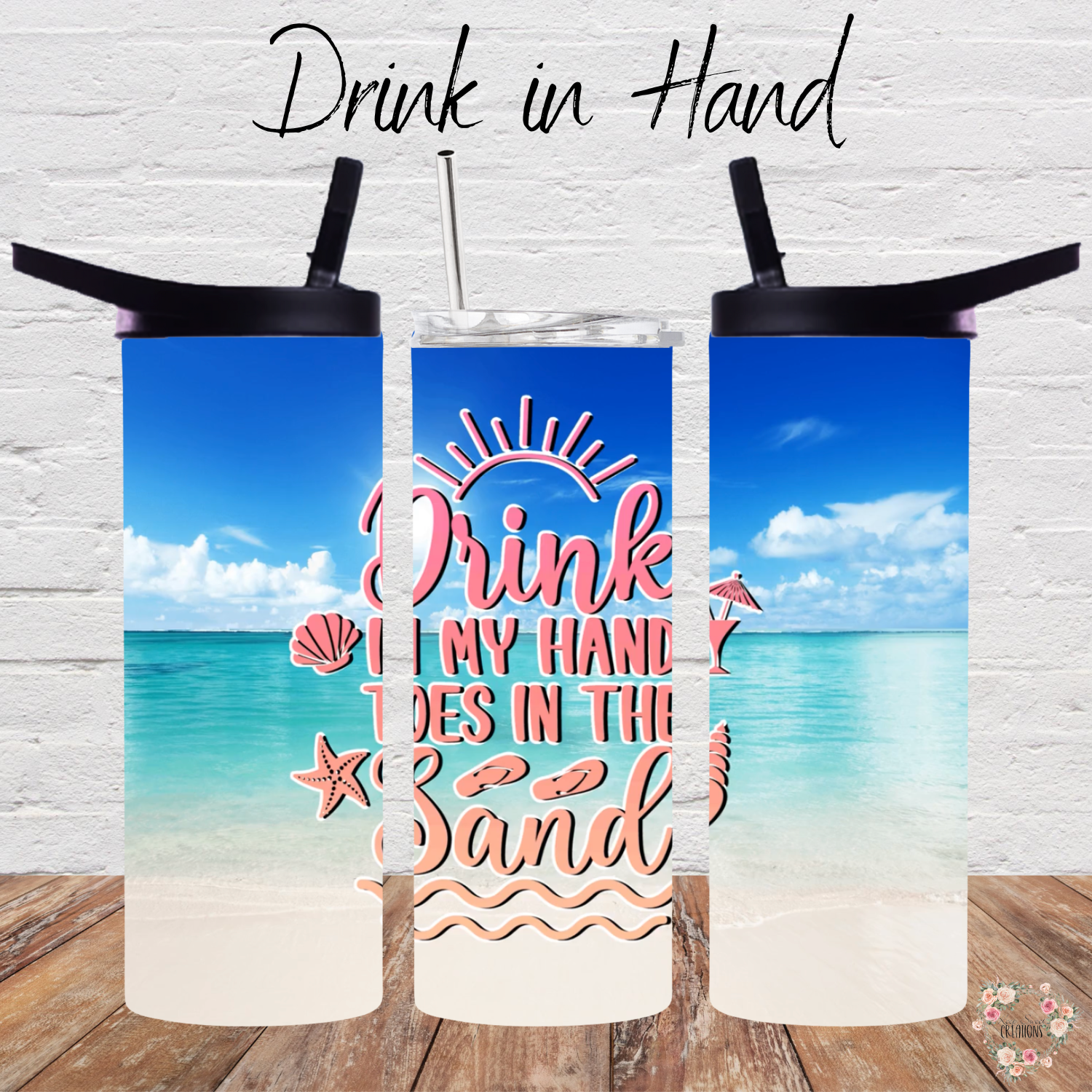 Drink in Hand Ocean Beach Water Bottle – 20 oz Stainless Steel Insulated Bottle – Tropical Coastal Style