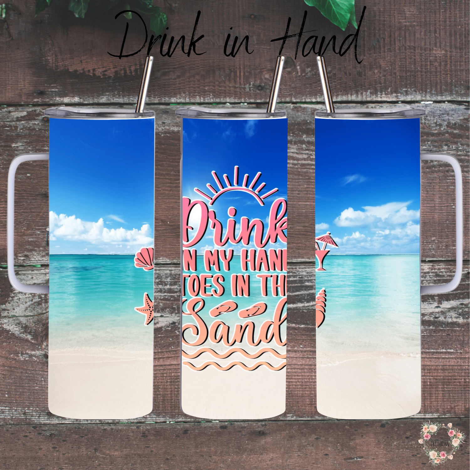 Drink in Hand Ocean Beach Tumbler – 20 oz Stainless Steel Cup with Lid & Straw – Coastal Blue and Sand Design