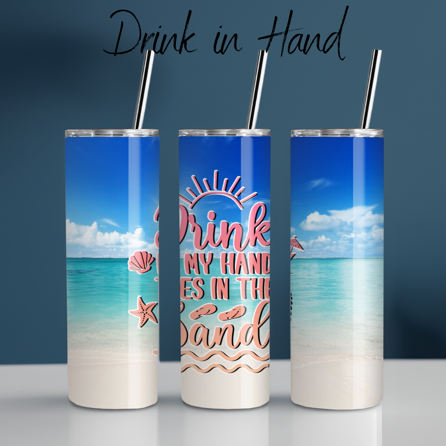 Drink in Hand Ocean Beach Tumbler – 30 oz Insulated Stainless Steel Cup – Tropical Coastal Design for Cold or Hot Drinks