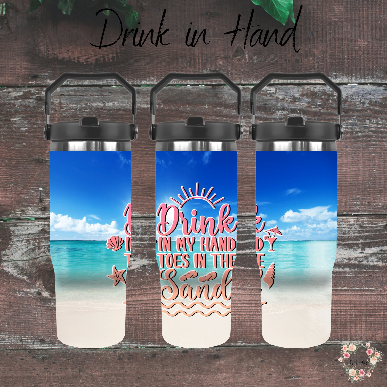 Drink in Hand Ocean Beach Water Bottle – 30 oz Stainless Steel Insulated Bottle – Summer Beach Theme
