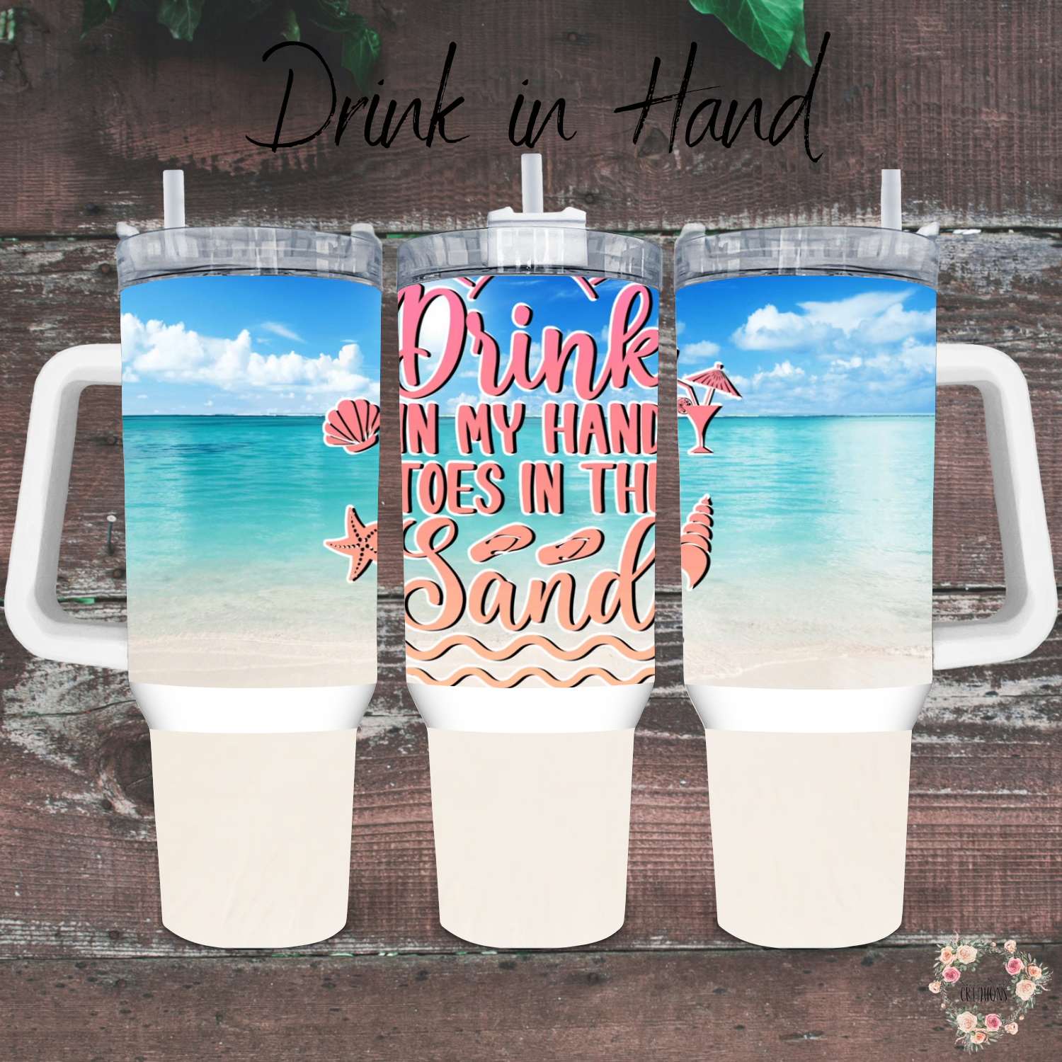 Drink in Hand Ocean Beach Tumbler – 40 oz Stainless Steel Cup with Lid & Straw – Coastal Blue and Sand Design