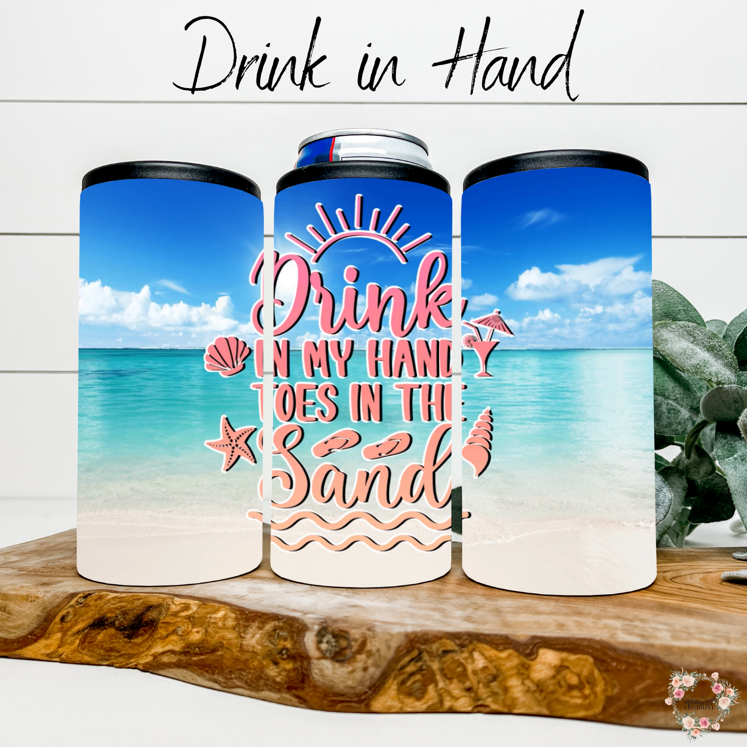 Drink in Hand Ocean Beach Can Cooler – Keeps Canned Drinks Cold – Coastal Beach Theme