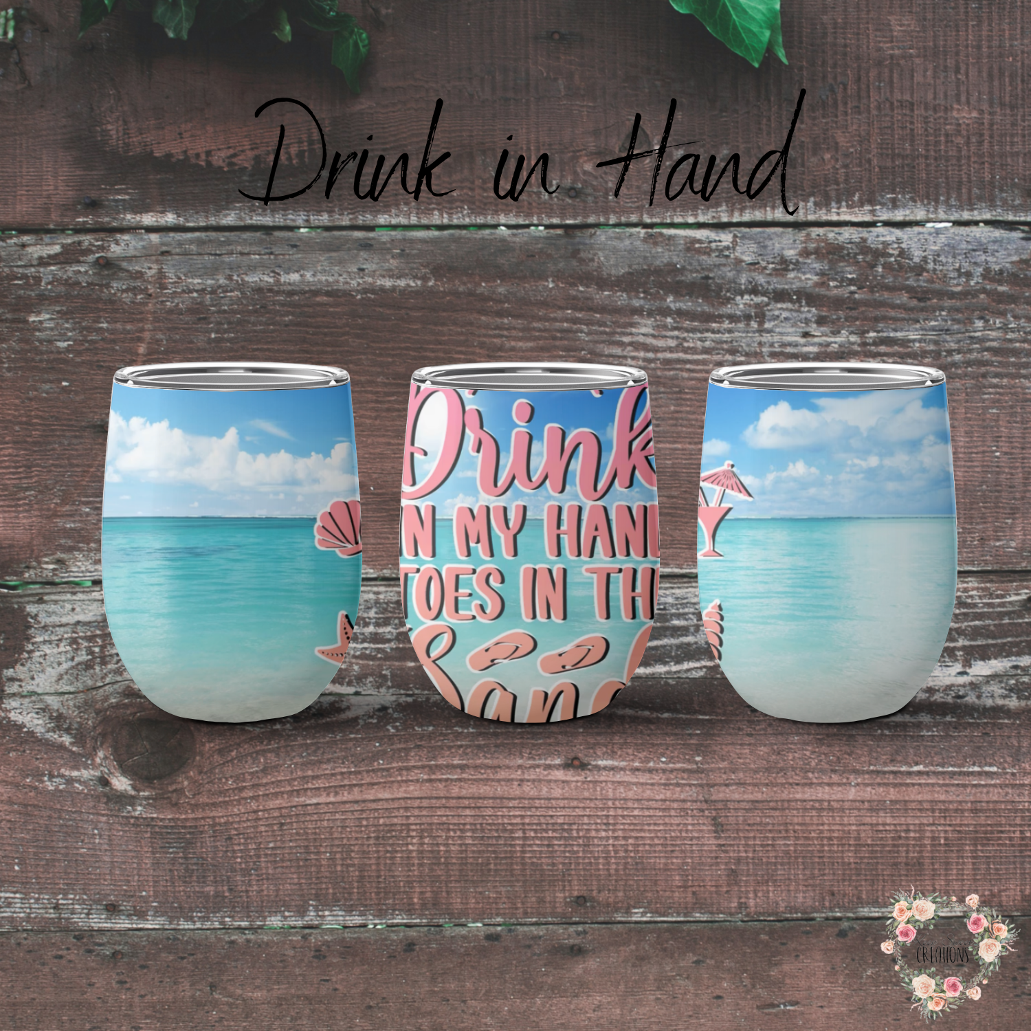Drink in Hand Ocean Beach Wine Tumbler – Coastal Summer Vibes – Stainless Steel Insulated Cup