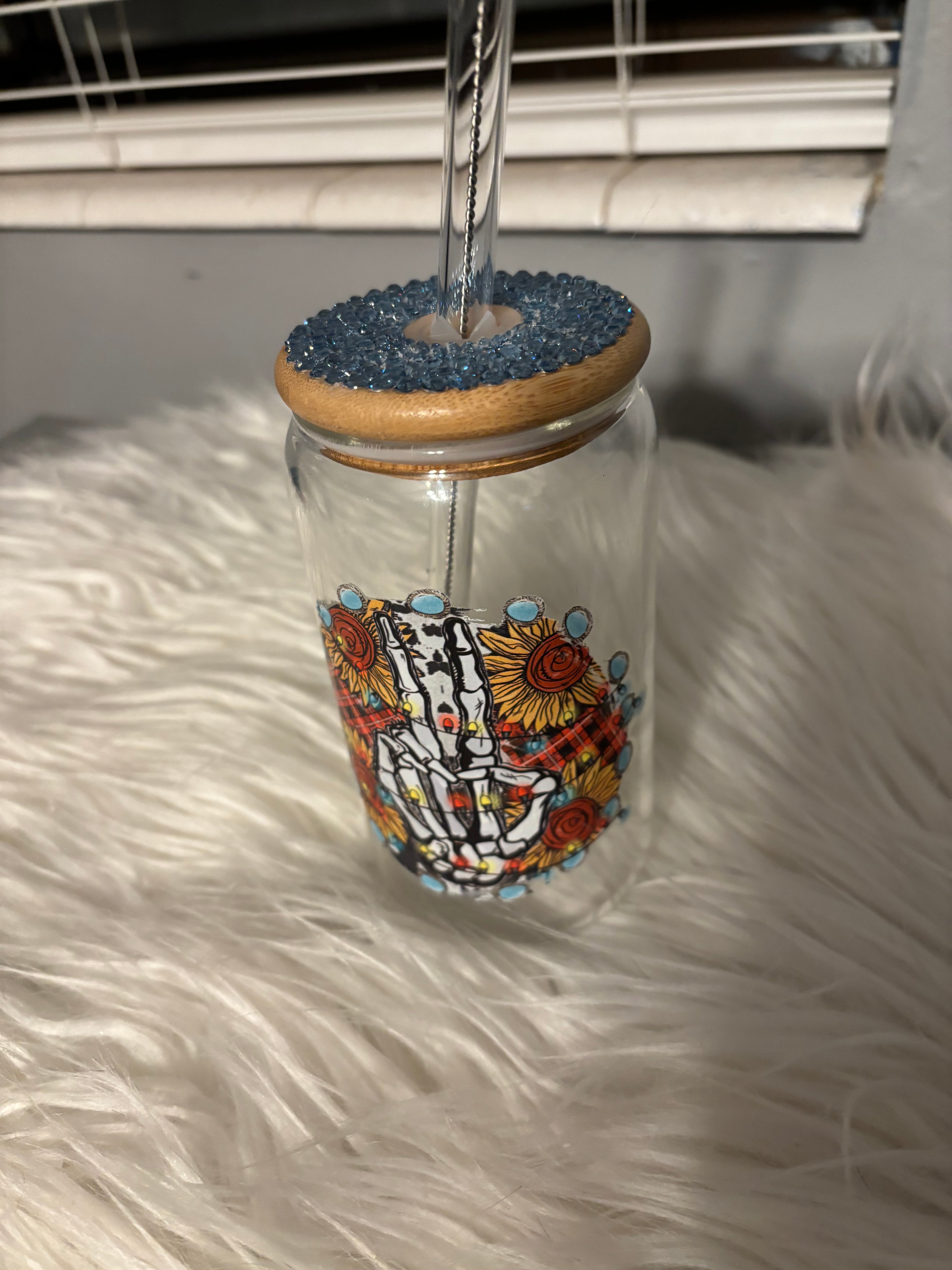 Skeleton Peace Hand Glass Can Tumbler – 14 oz Floral, Plaid & Sunflower Design