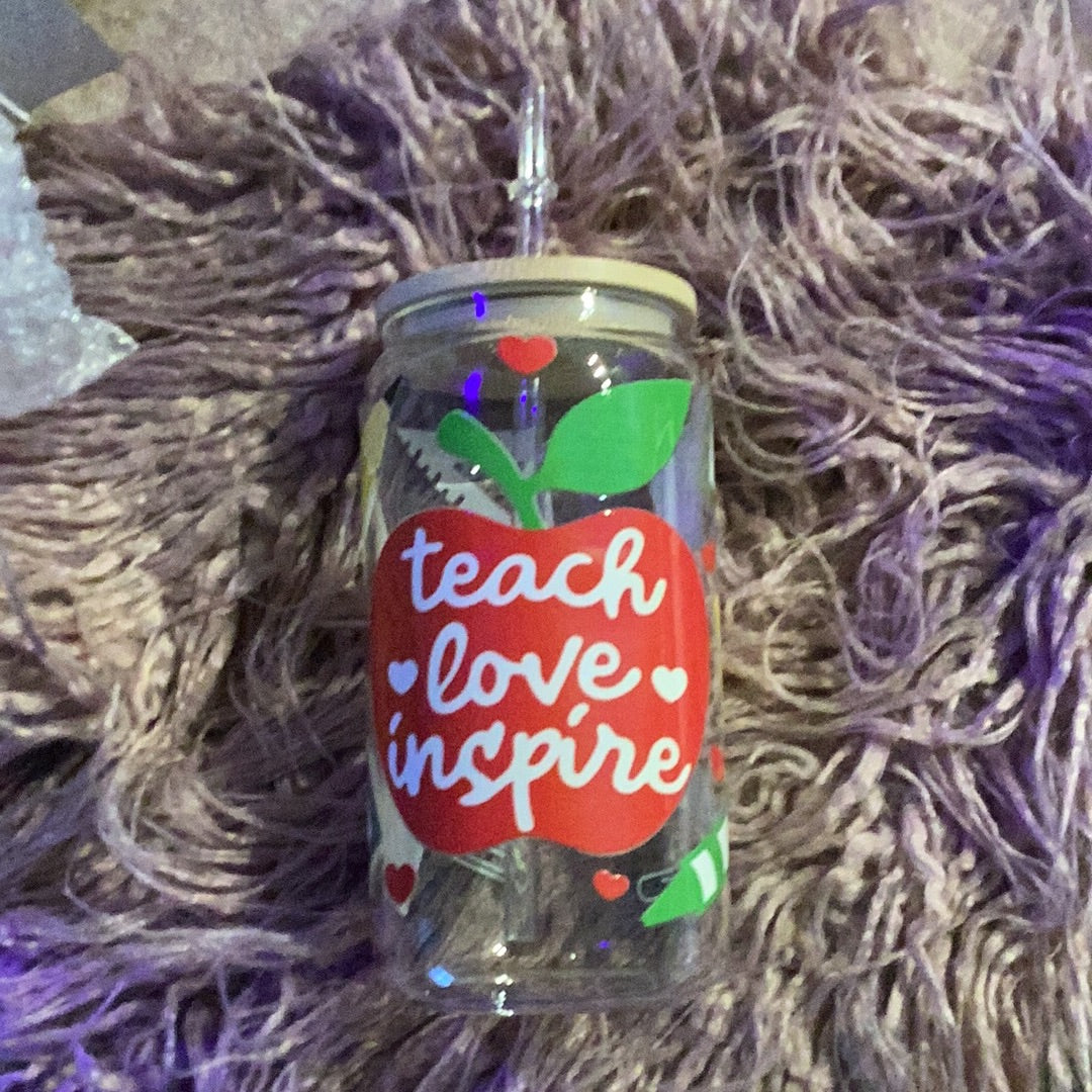 Teach Love Inspire Glass Can | Teacher Gift Tumbler