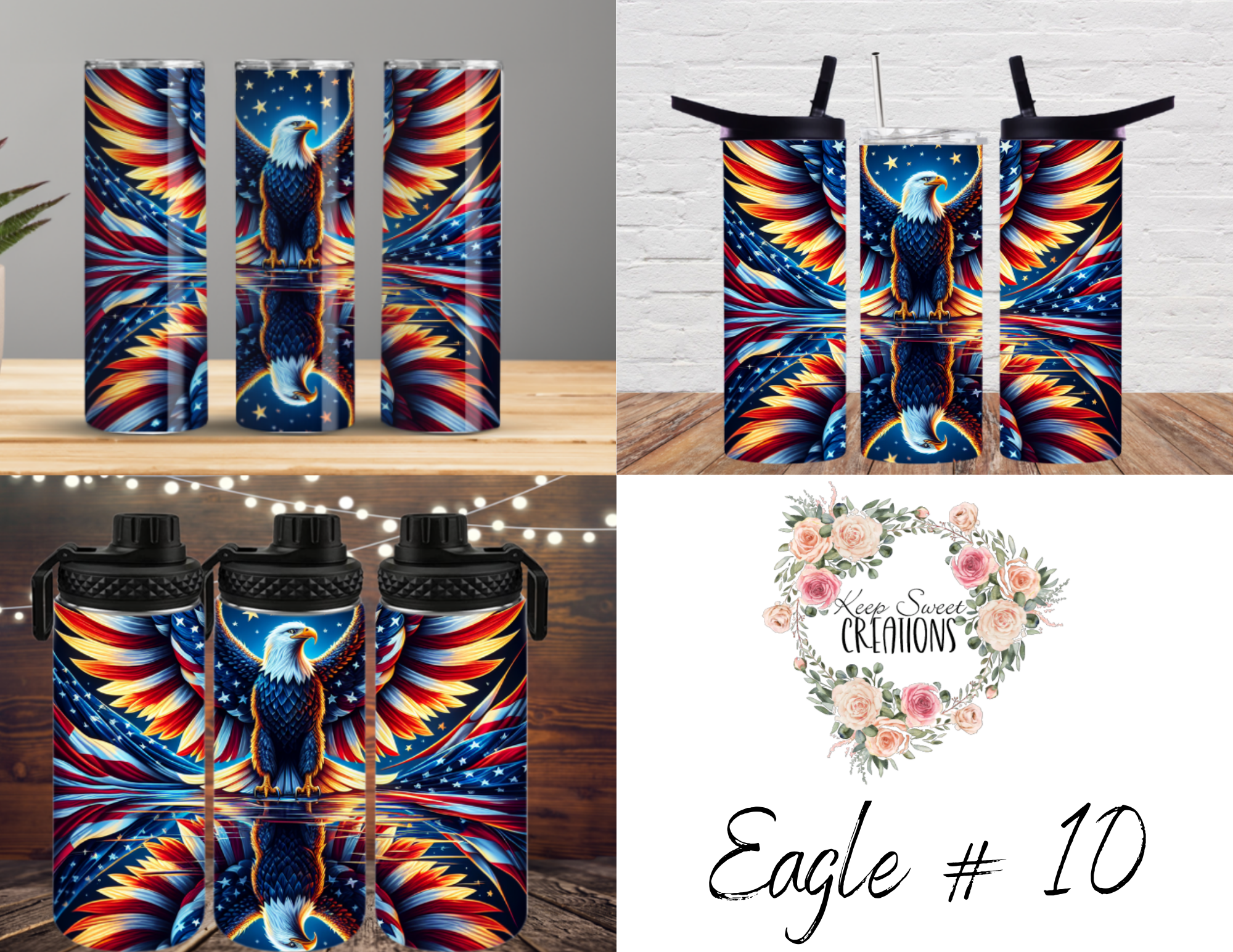 Dynamic and artistic eagle designs, featuring bold colors, abstract patterns, and patriotic elements. 