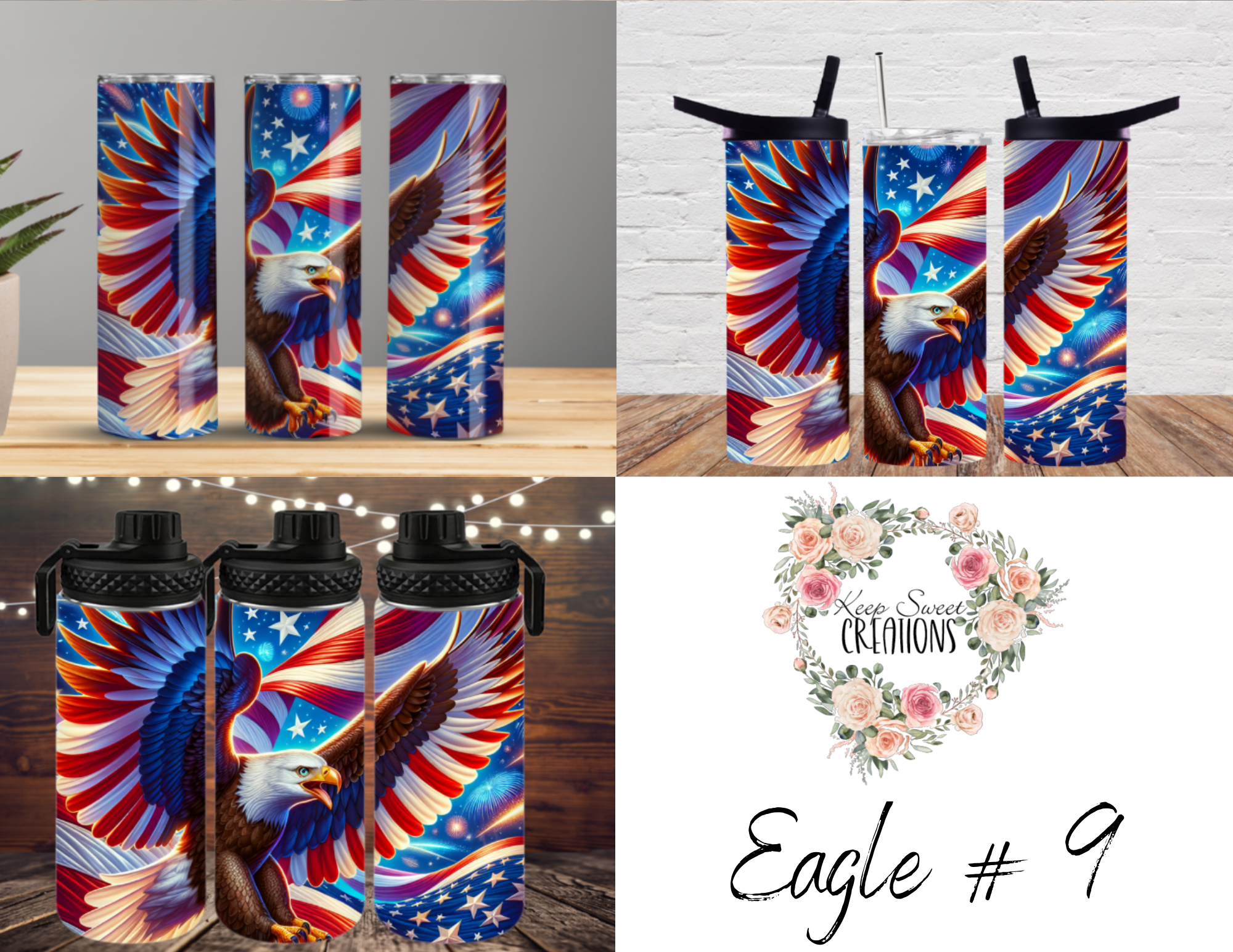  Dynamic and artistic eagle designs, featuring bold colors, abstract patterns, and patriotic elements. 