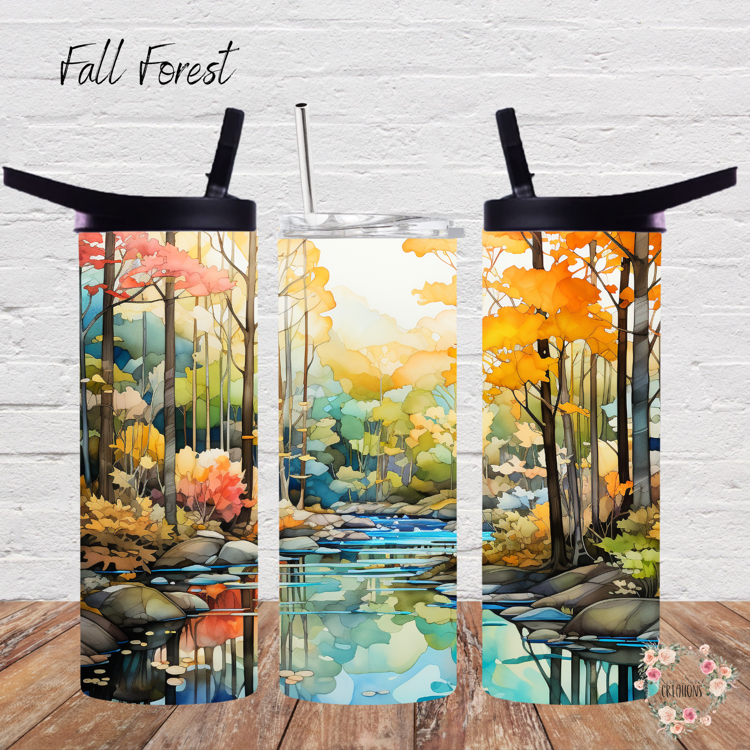Fall Forest Tumbler with autumn leaves and golden light design