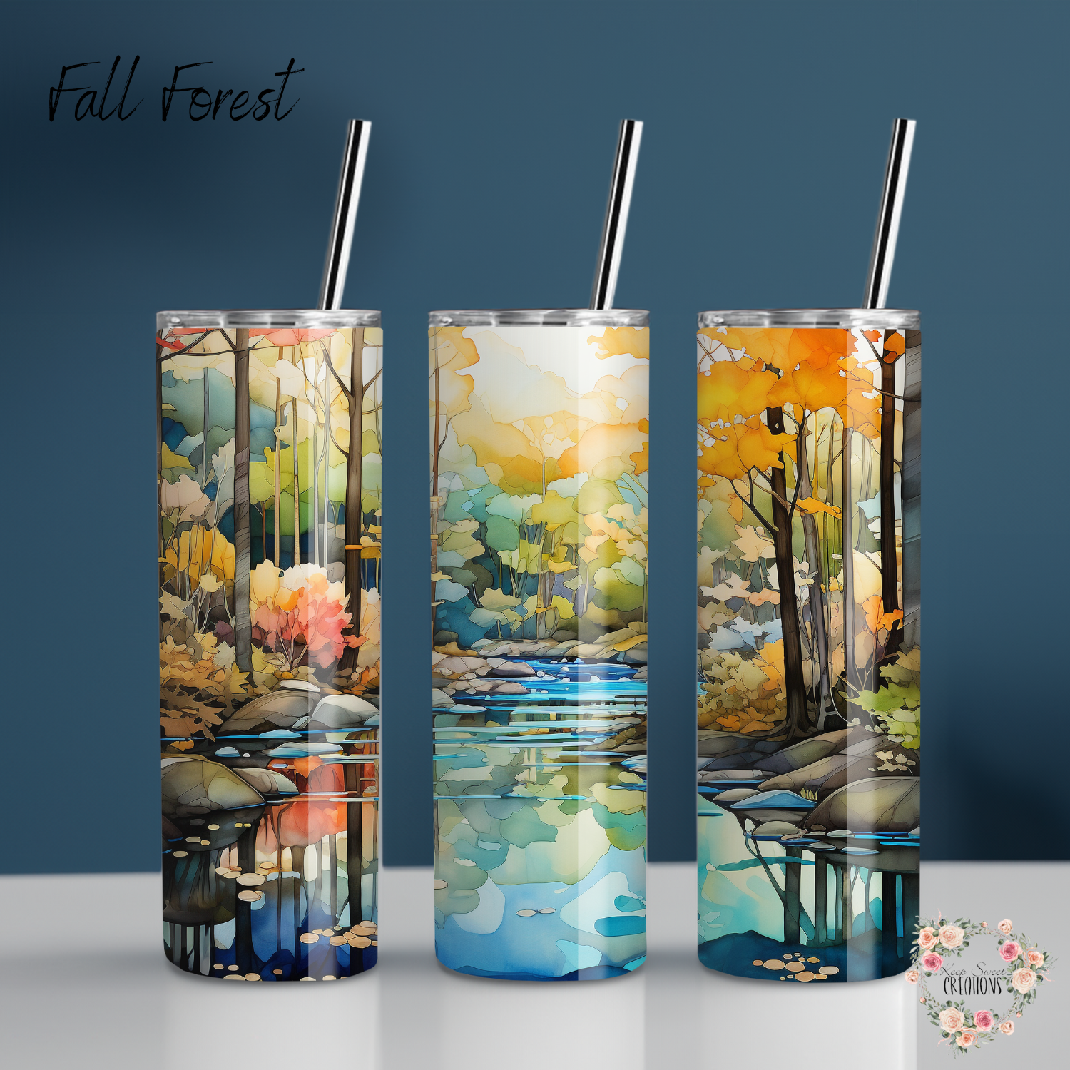 Fall Forest Tumbler with autumn leaves and golden light design