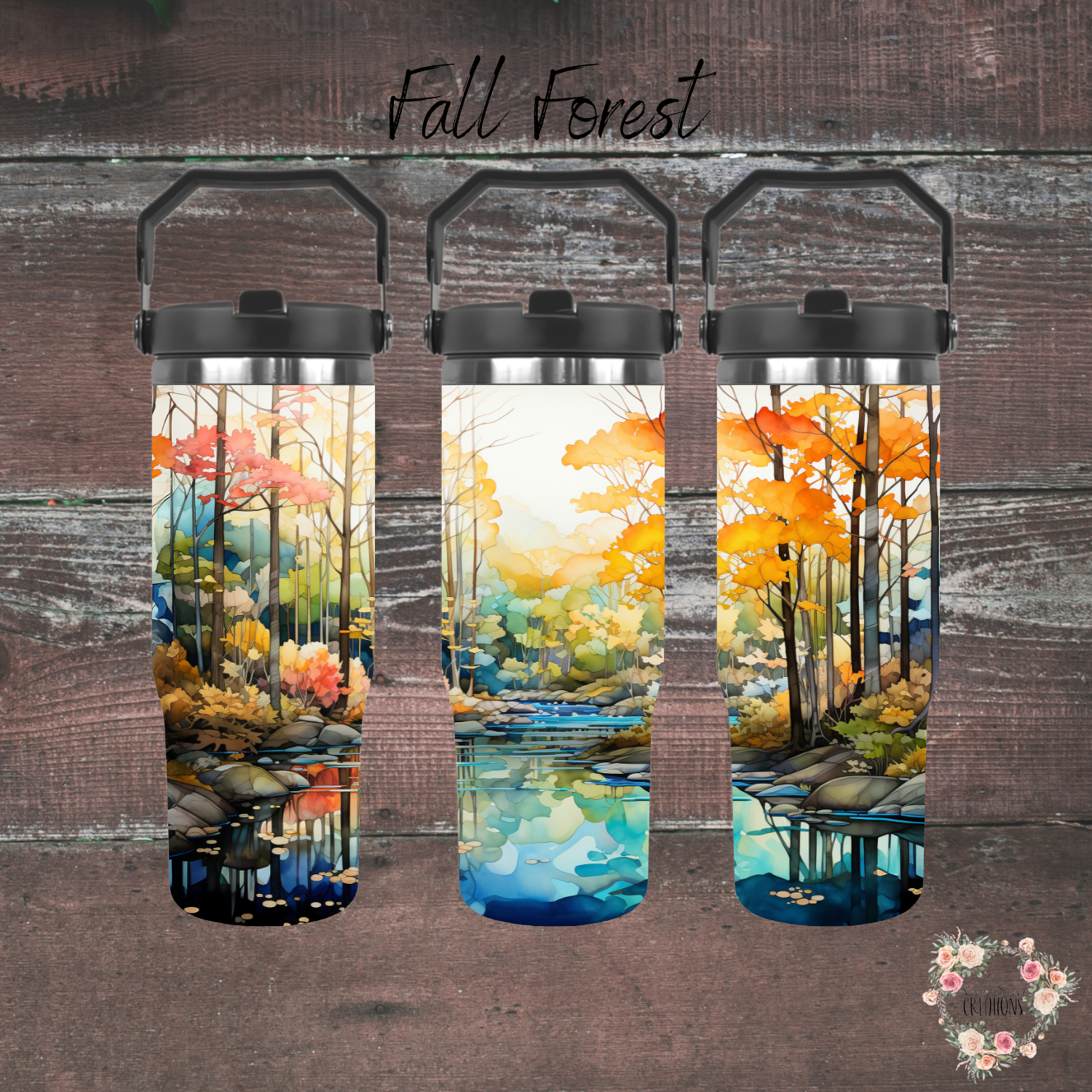 Fall Forest Tumbler with autumn leaves and golden light design