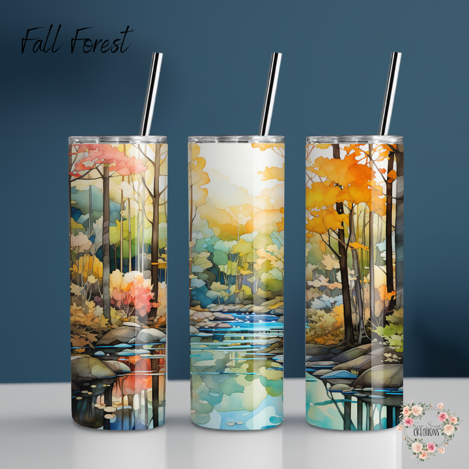 Fall Forest Tumbler with autumn leaves and golden light design