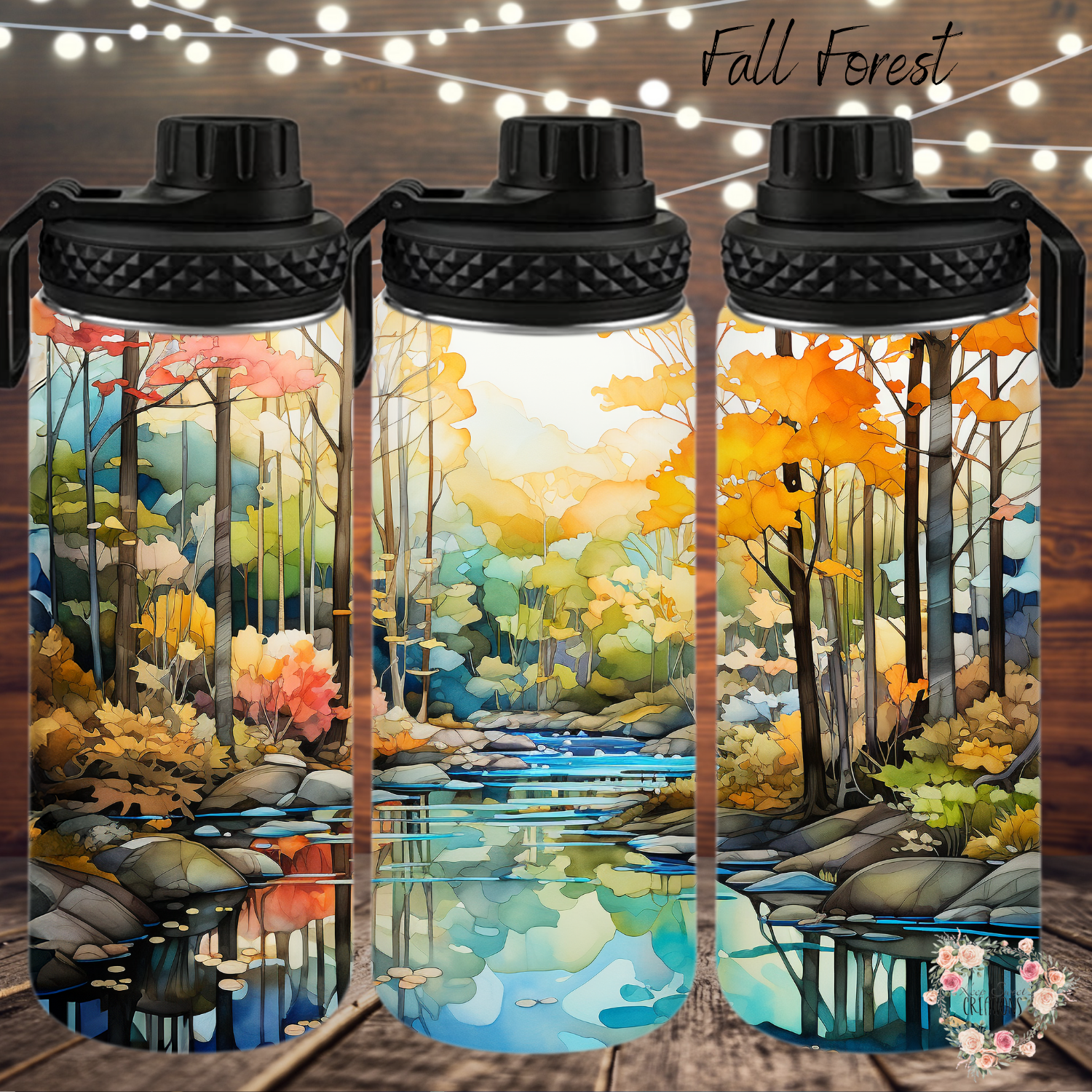 Fall Forest Tumbler with autumn leaves and golden light design