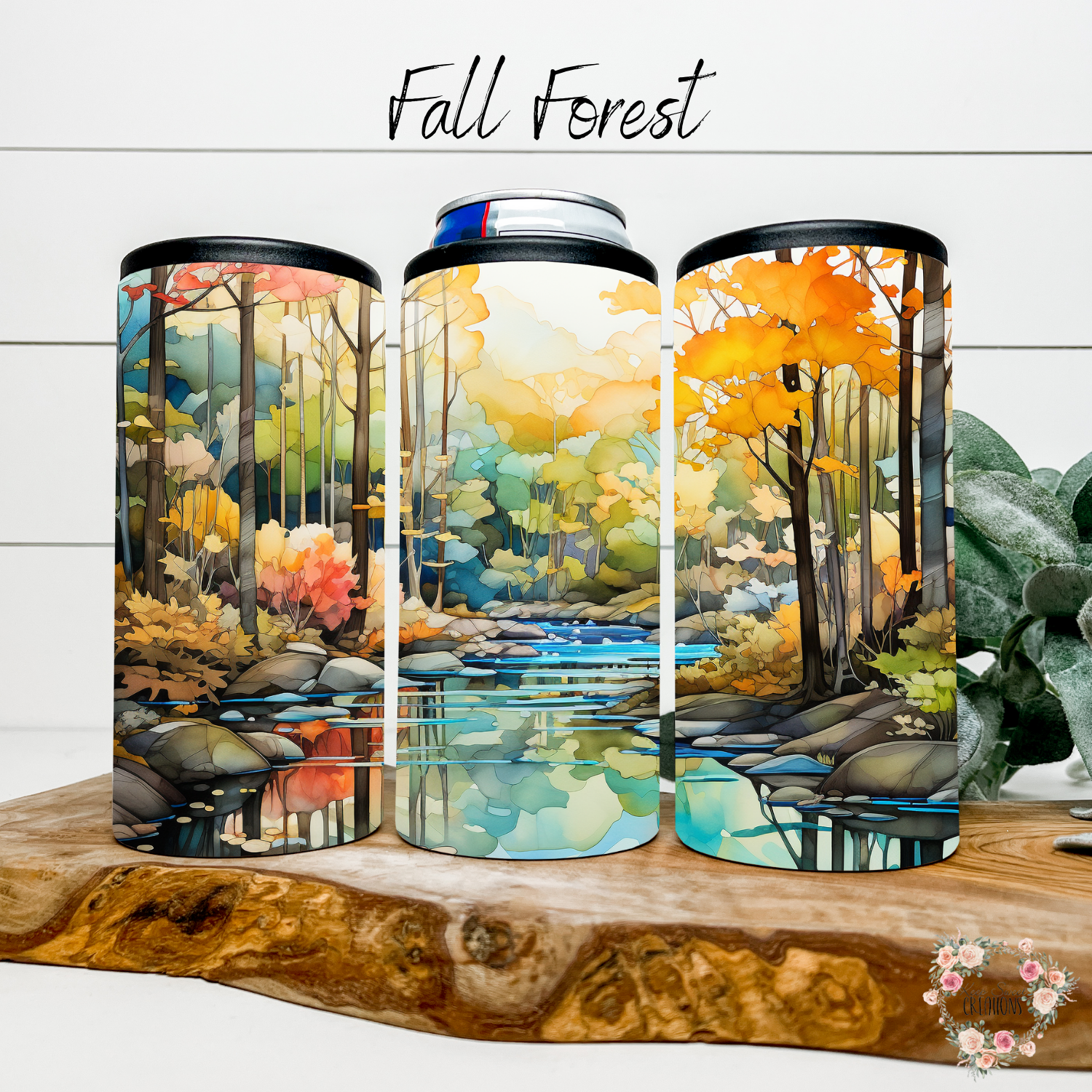 Fall Forest Tumbler with autumn leaves and golden light design