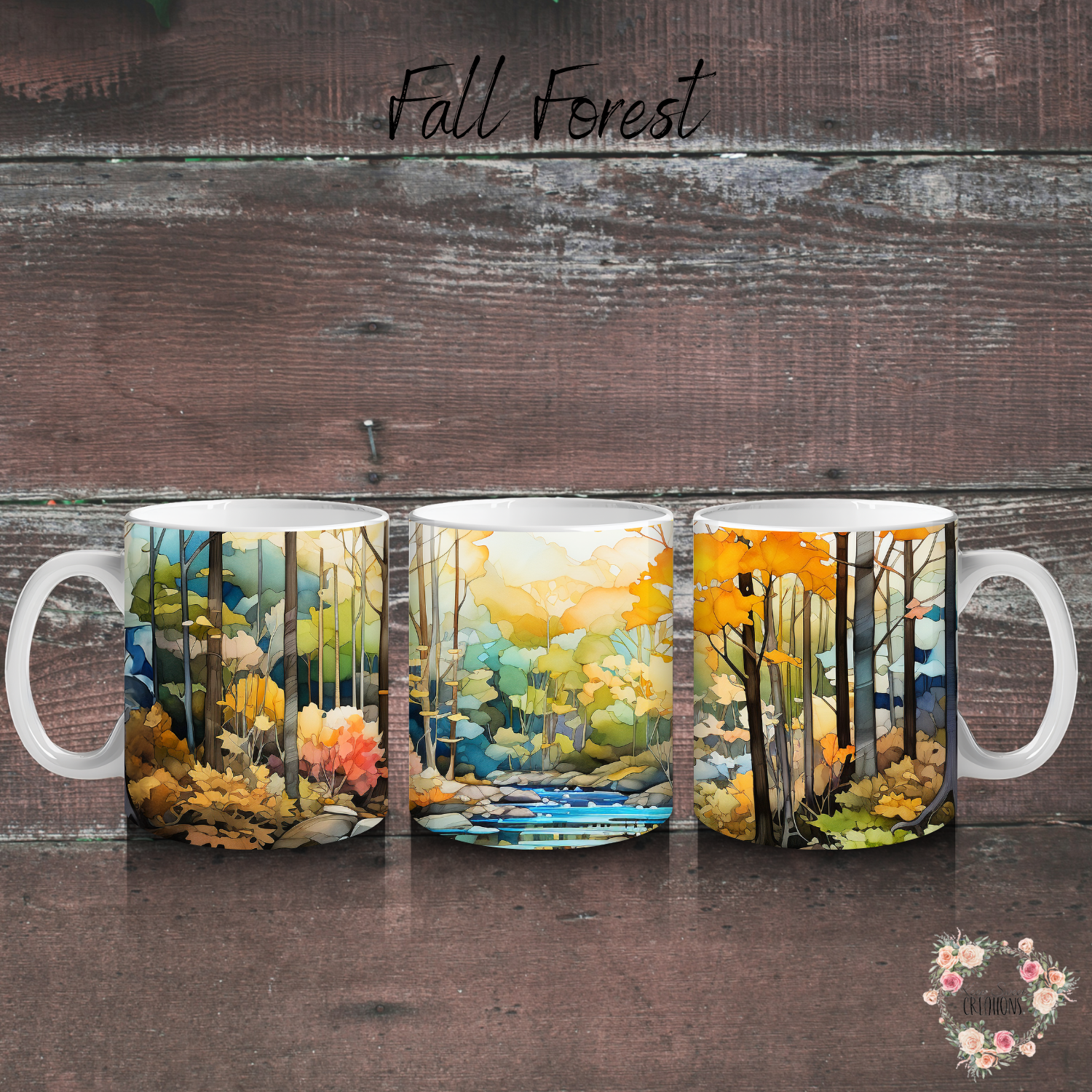 Fall Forest Tumbler with autumn leaves and golden light design