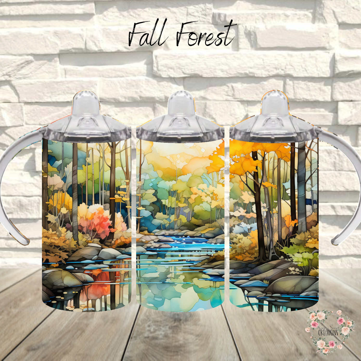 Fall Forest Tumbler with autumn leaves and golden light design