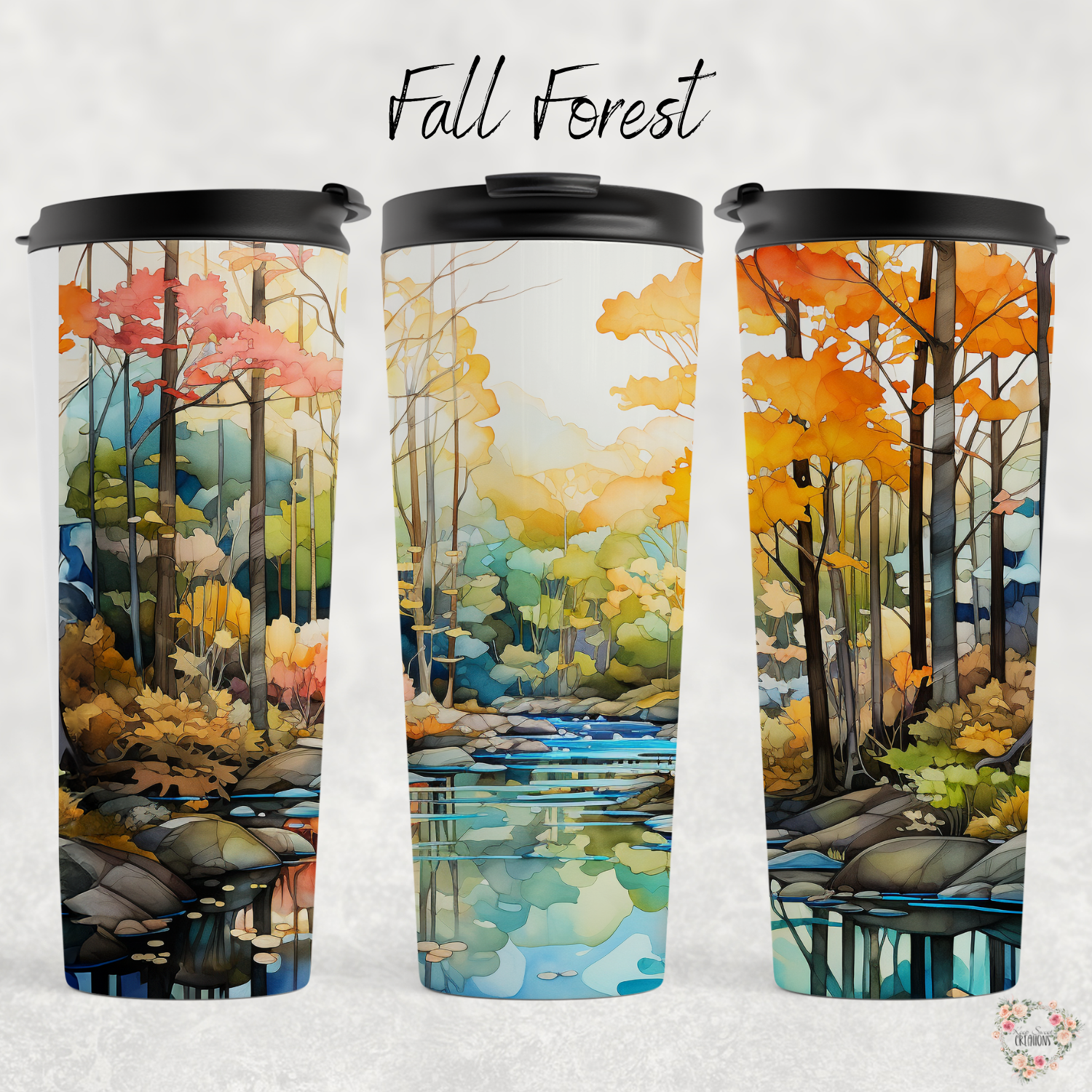Fall Forest Tumbler with autumn leaves and golden light design