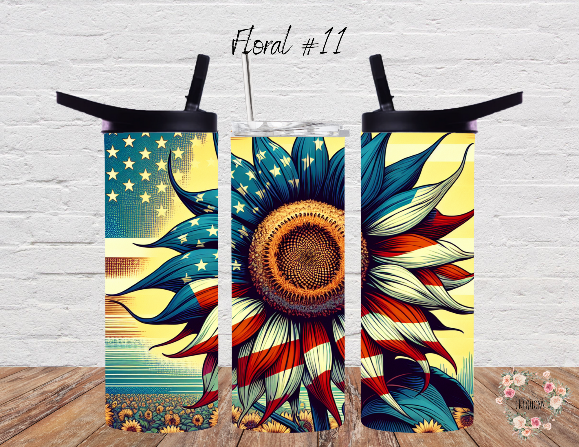 Sunflower Patriotic Tumbler – Floral Flag Design for American Spirit (Floral #11)
