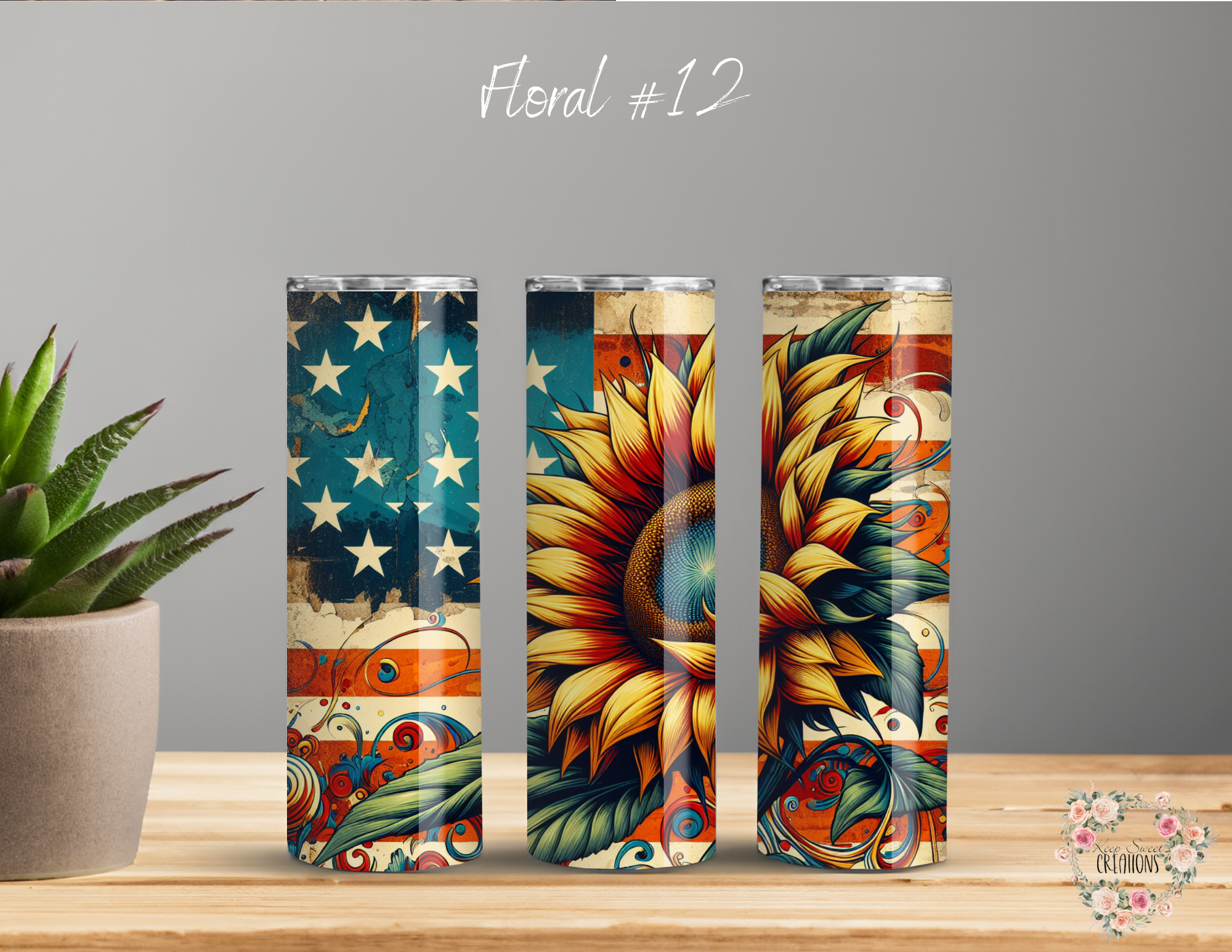 Sunflower Floral American Flag Tumbler – Patriotic Country Chic (Floral #12)