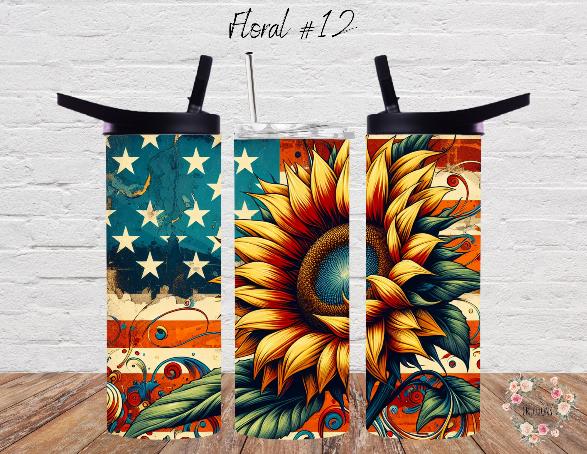Sunflower Floral American Flag Tumbler – Patriotic Country Chic (Floral #12)
