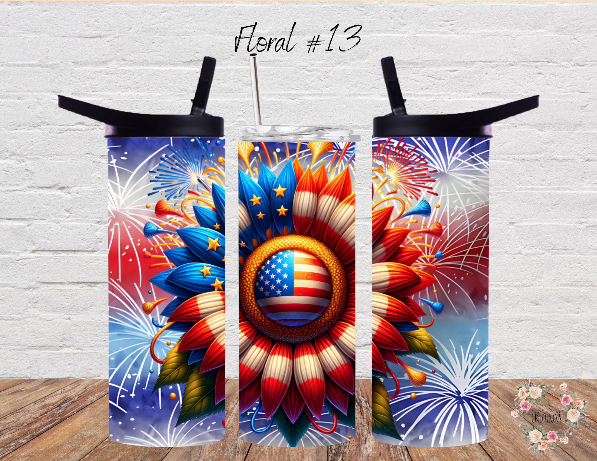 Patriotic Sunflower Tumbler – Bold Red, White & Blue Cup (Floral #13)