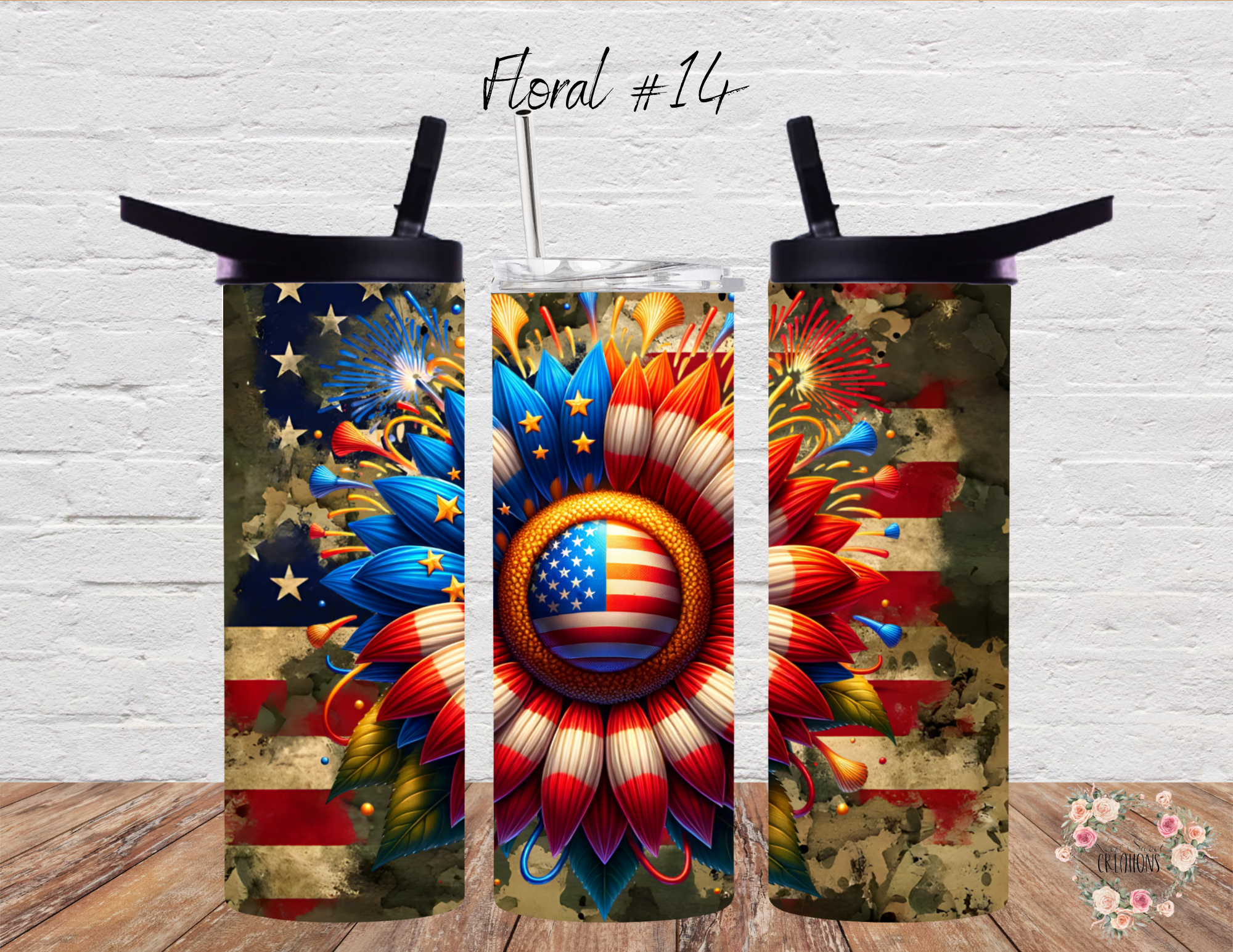 Patriotic Sunflower Tumbler – Bold Red, White & Blue Cup (Floral #14)